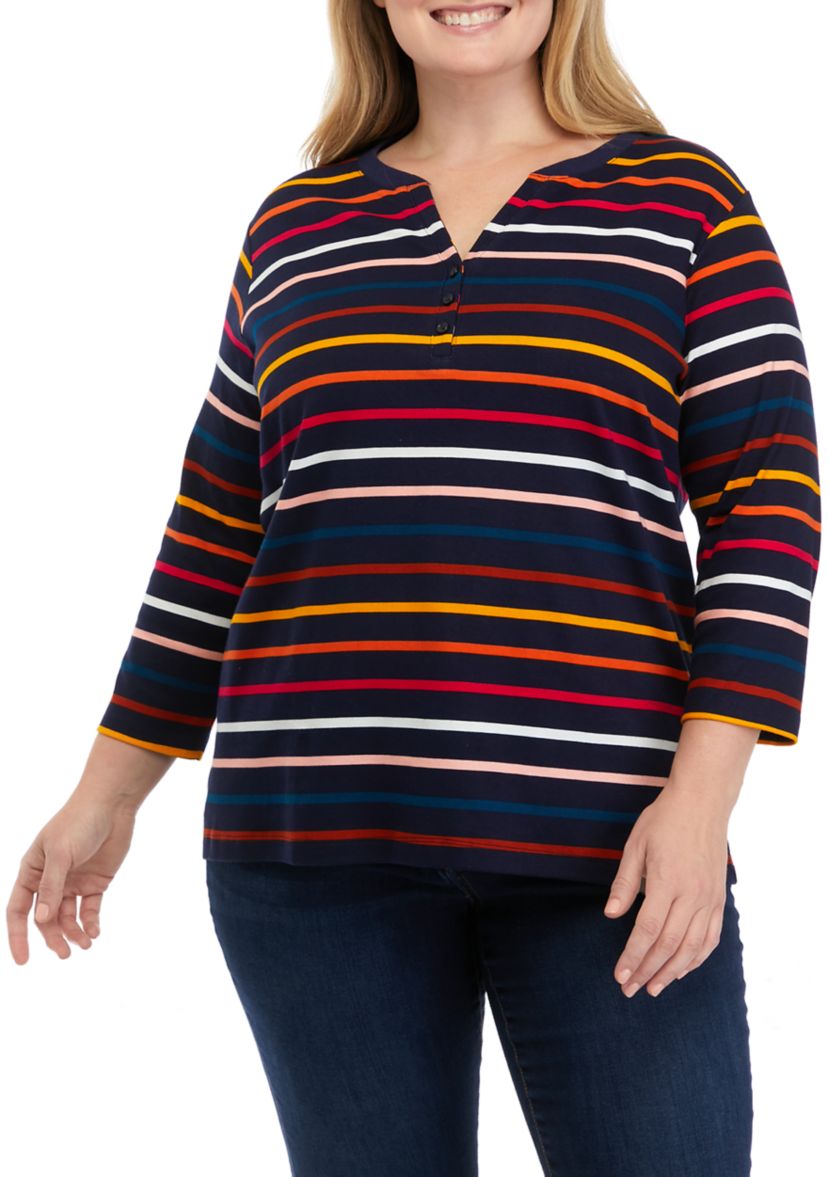 Plus Size 3/4 Sleeve Striped Henley Shirt