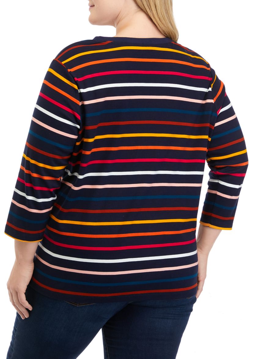 Plus Size 3/4 Sleeve Striped Henley Shirt