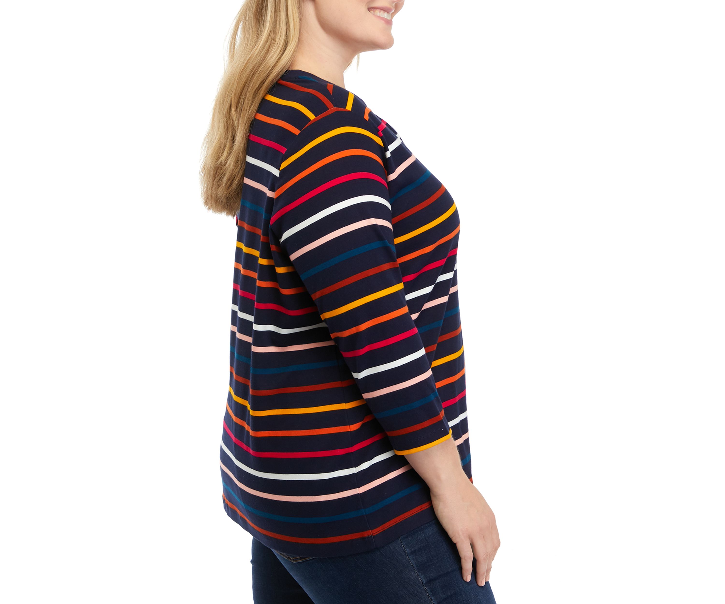 Plus Size 3/4 Sleeve Striped Henley Shirt