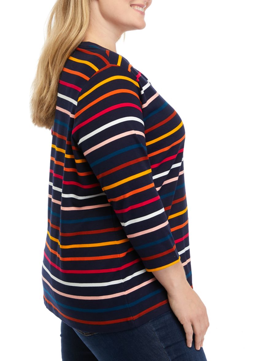 Plus Size 3/4 Sleeve Striped Henley Shirt