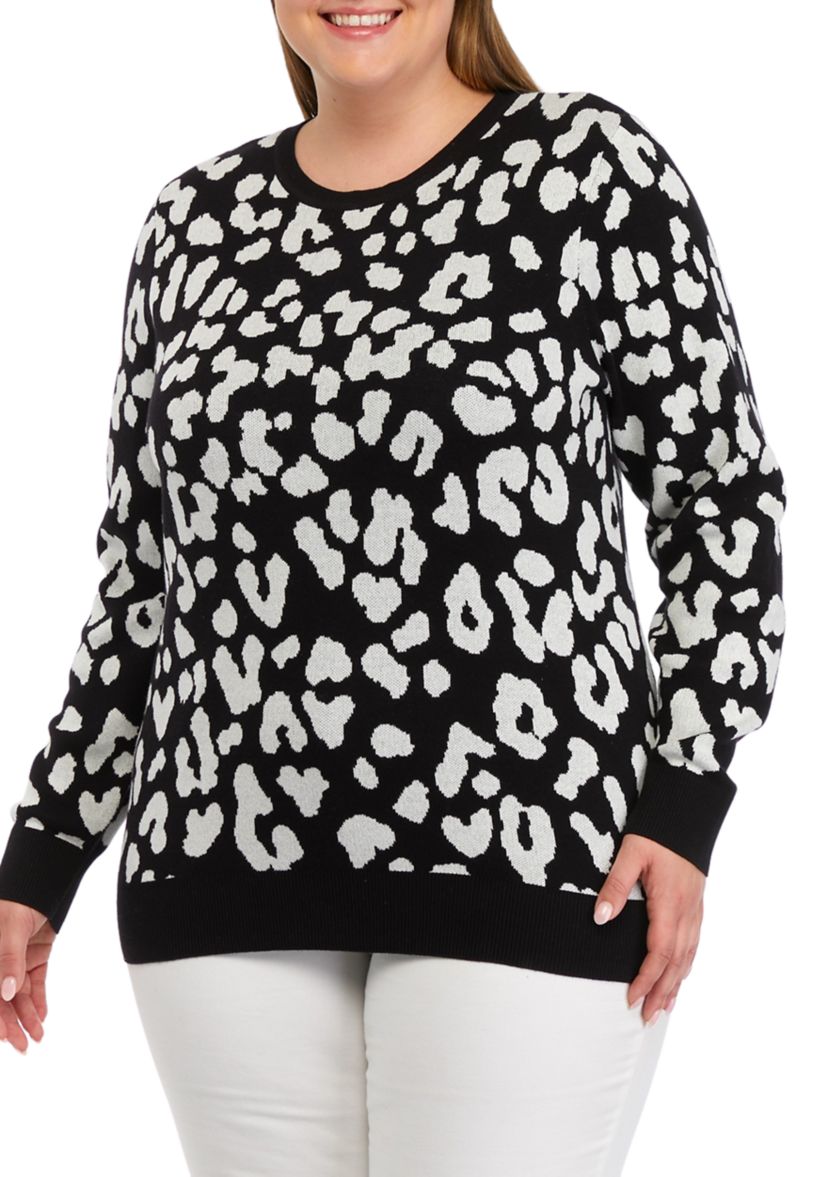 Plus Size Long Sleeve Animal Print Sweater 