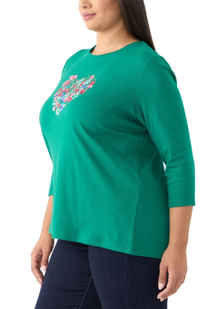 Plus Size 3/4 Sleeve Crew Neck Graphic T-Shirt