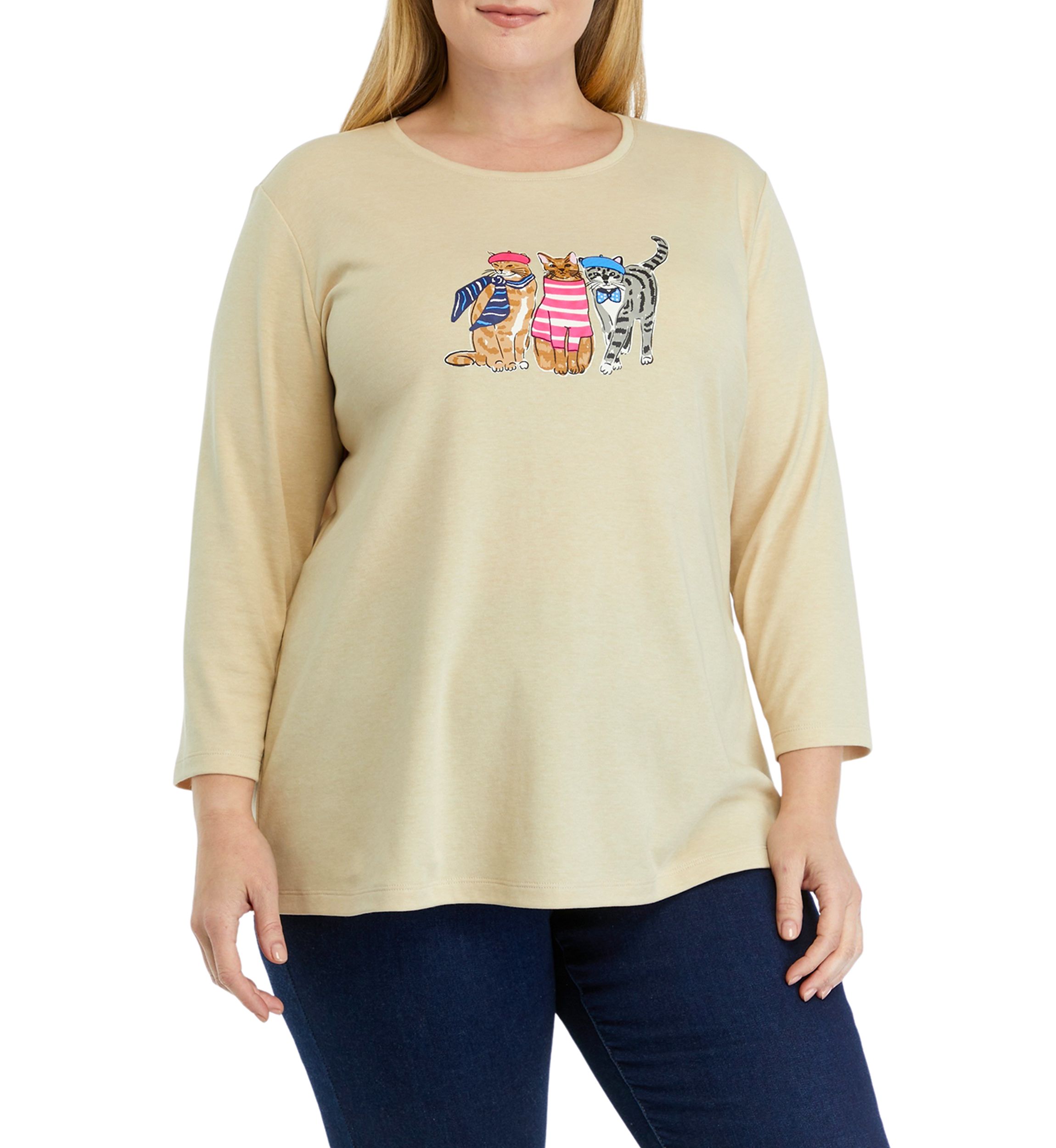 Plus Size 3/4 Sleeve Crew Neck Graphic T-Shirt
