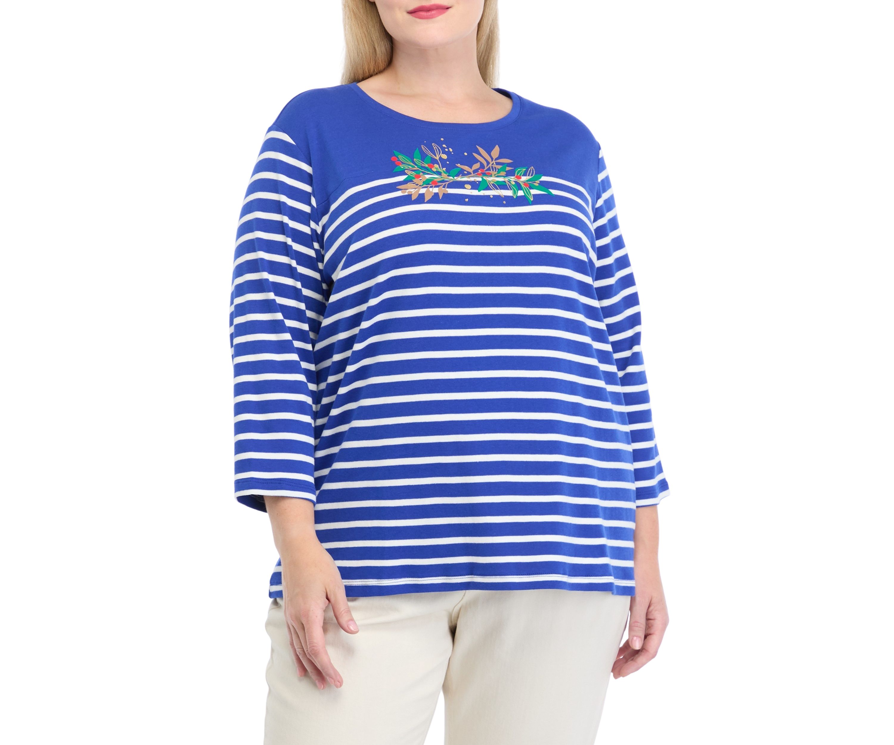 Plus Size 3/4 Sleeve Crew Yoke Graphic T-Shirt