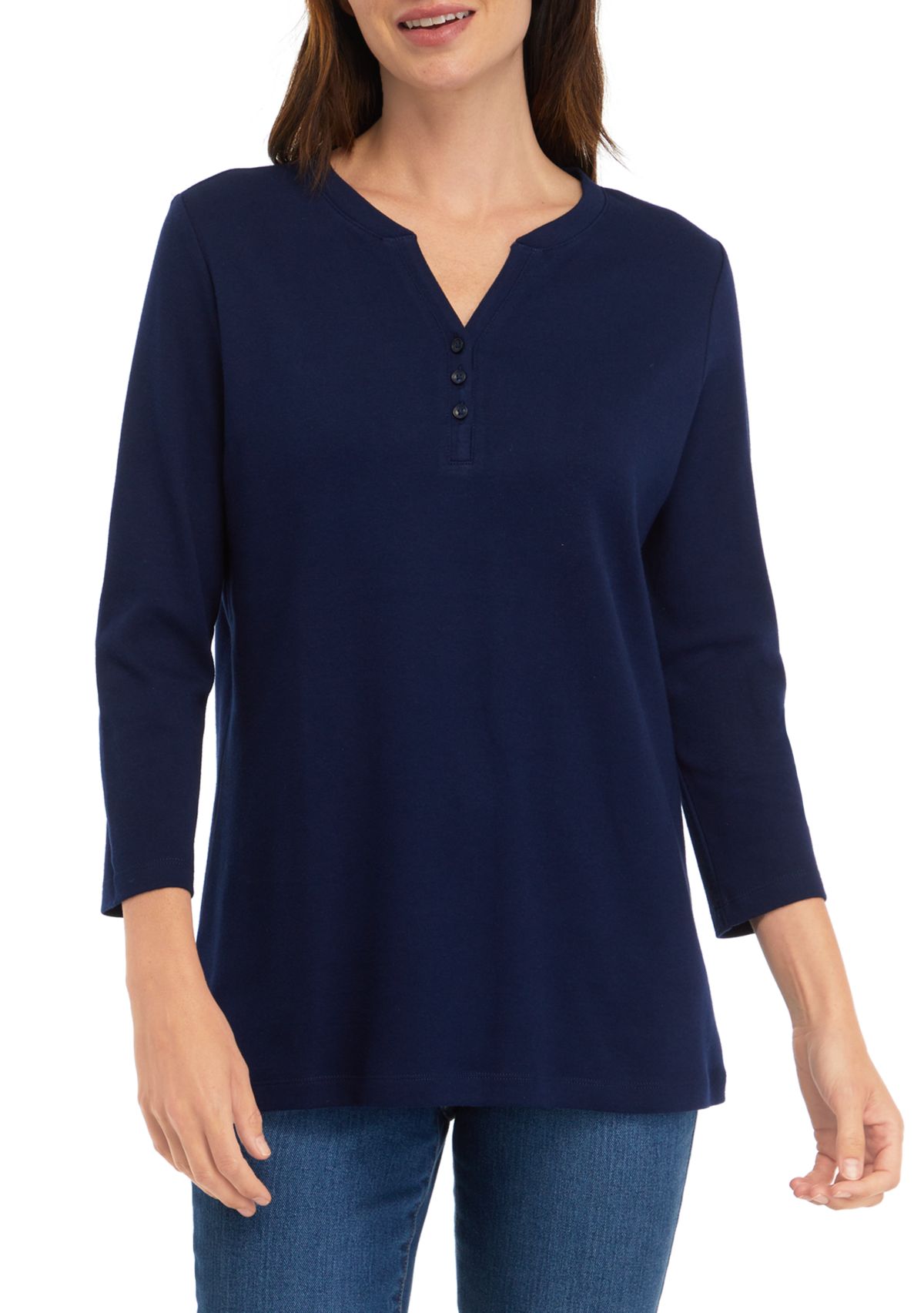 Plus Size 3/4 Sleeve Henley Solid Top