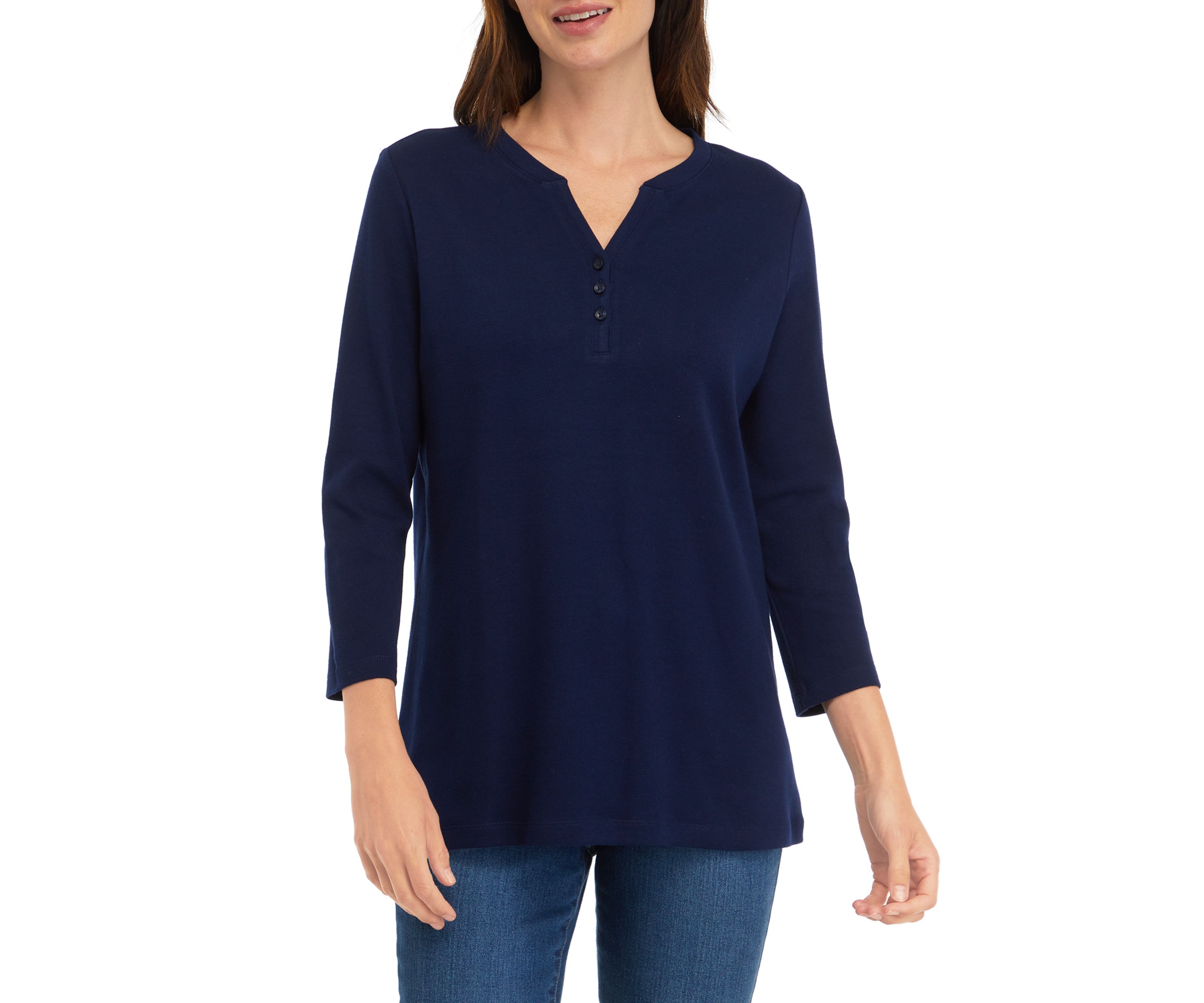 Plus Size 3/4 Sleeve Henley Solid Top