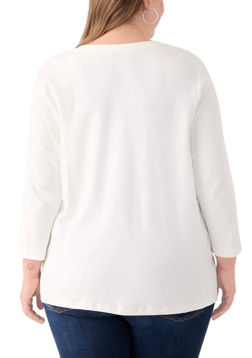 Plus Size 3/4 Sleeve Henley Solid Top