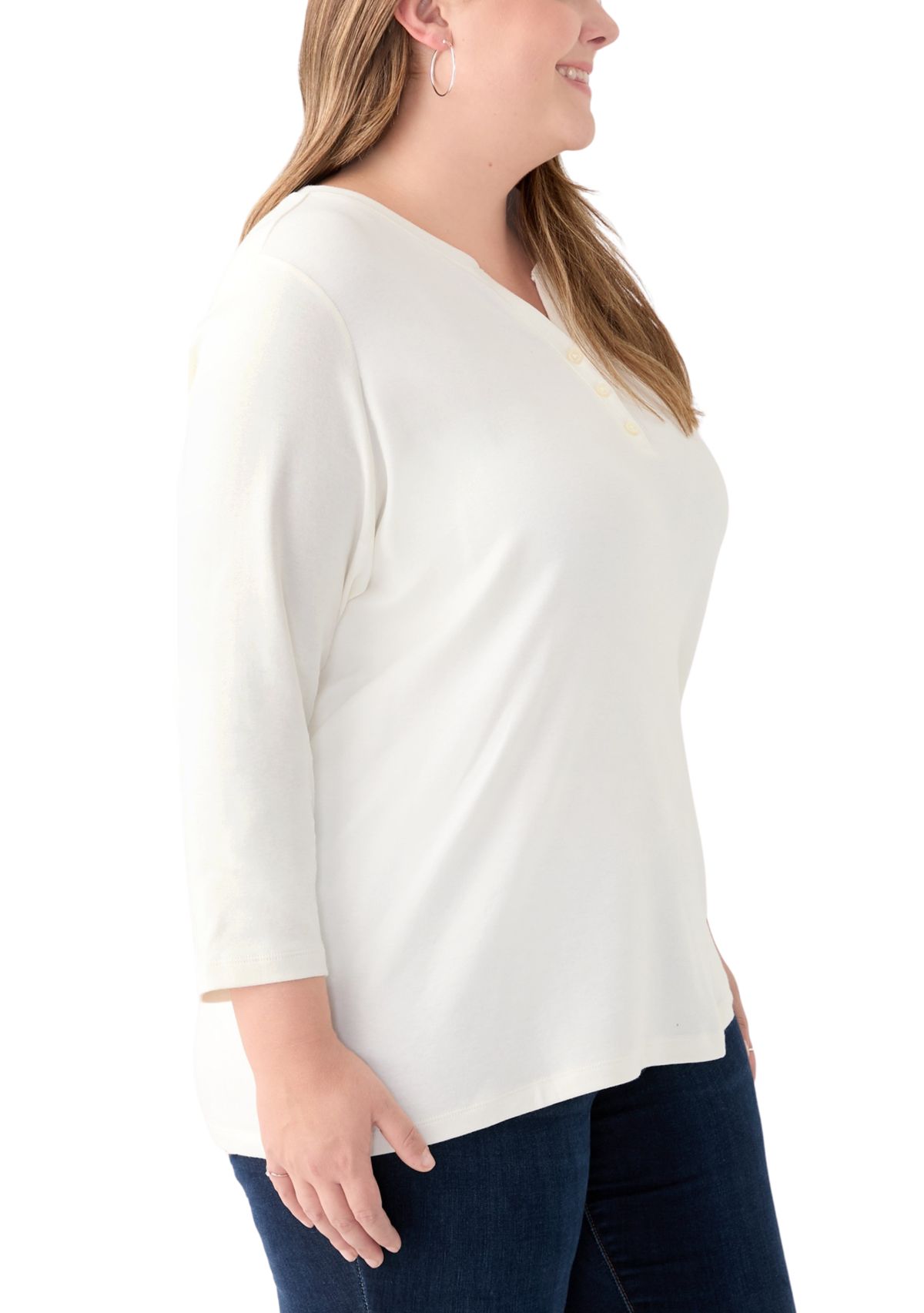 Plus Size 3/4 Sleeve Henley Solid Top