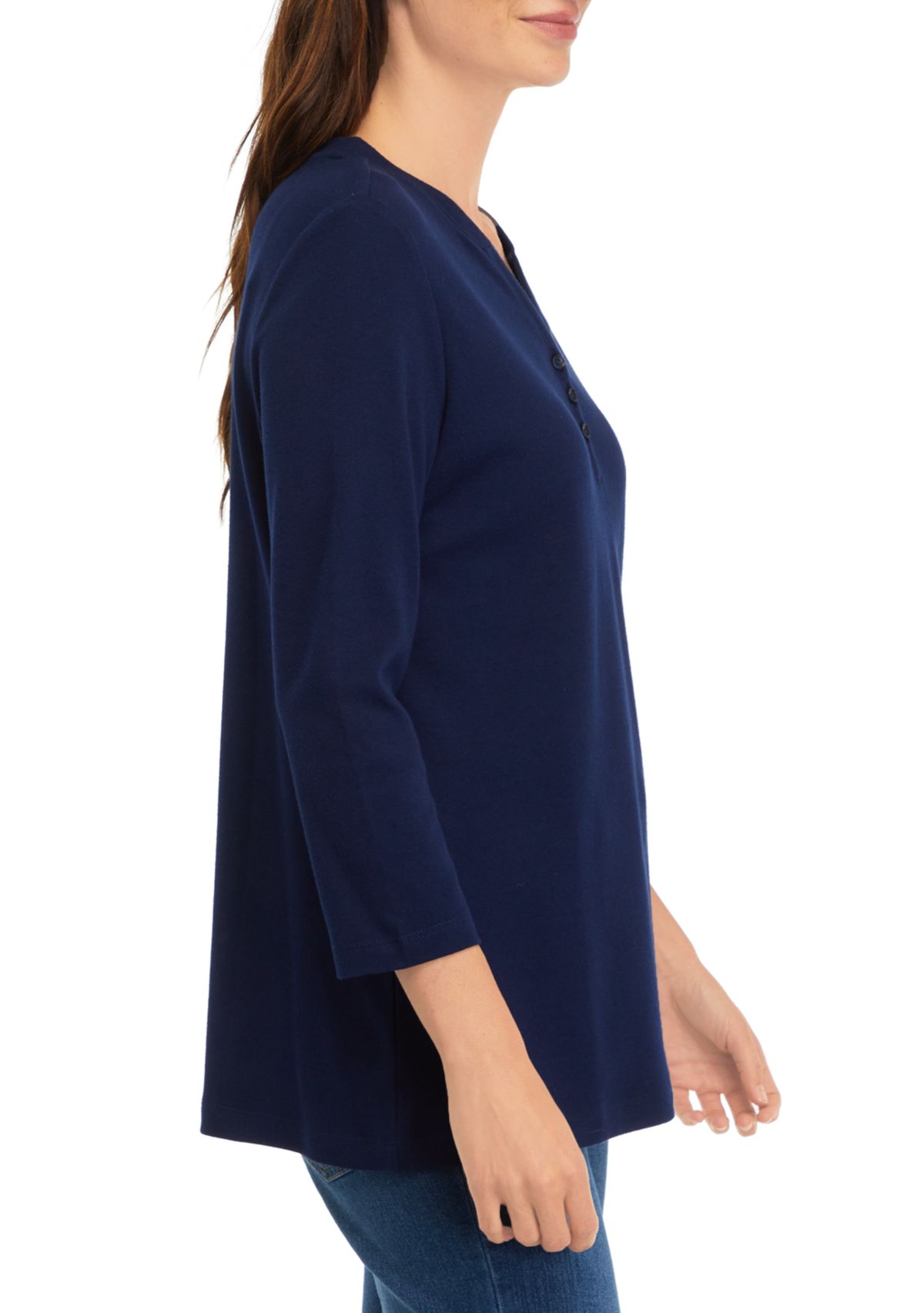 Plus Size 3/4 Sleeve Henley Solid Top