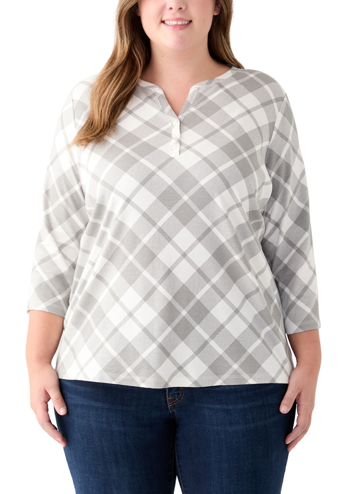 Plus Size 3/4 Sleeve Printed Henley Shirt 