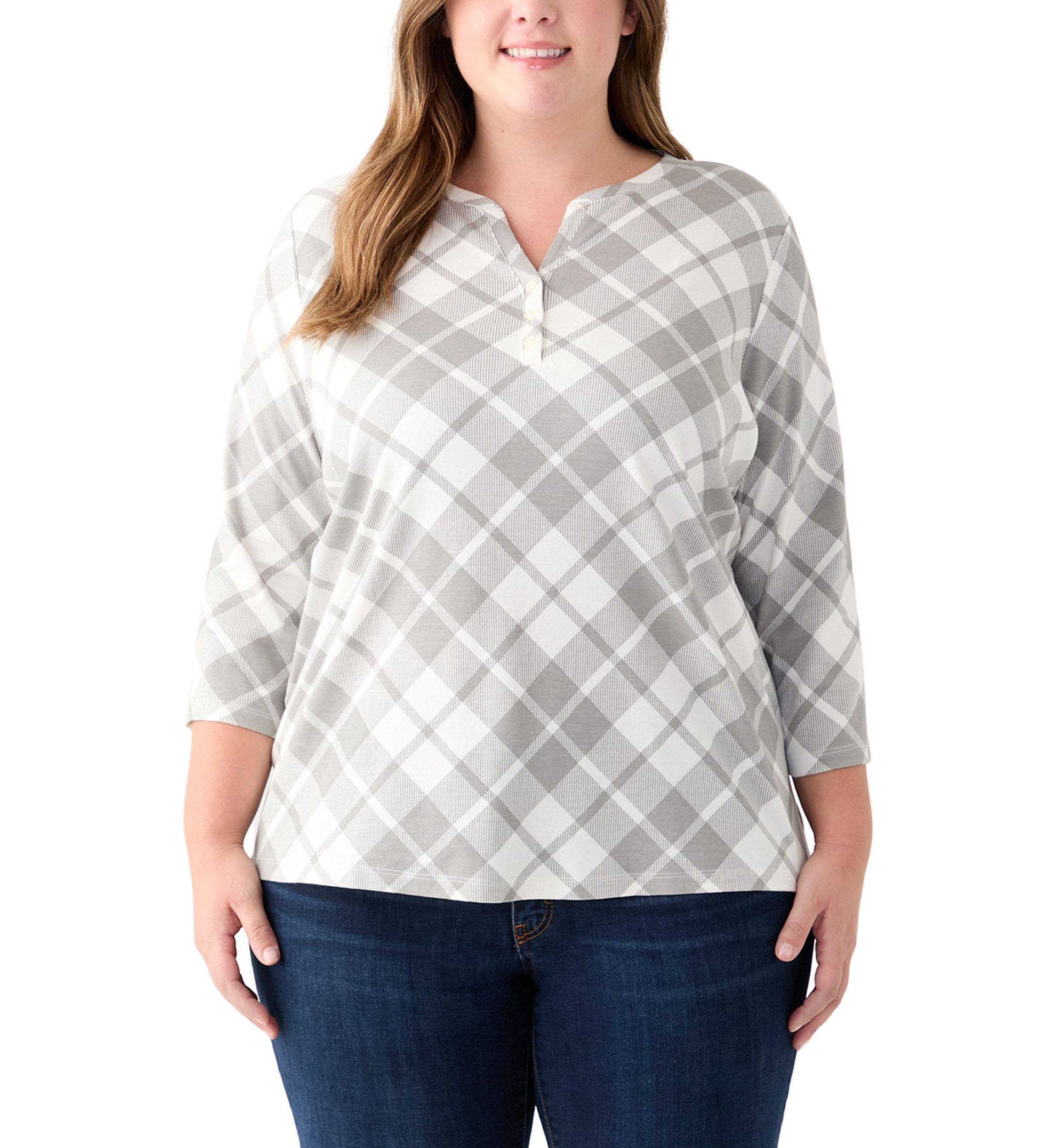 Plus Size 3/4 Sleeve Printed Henley Shirt 