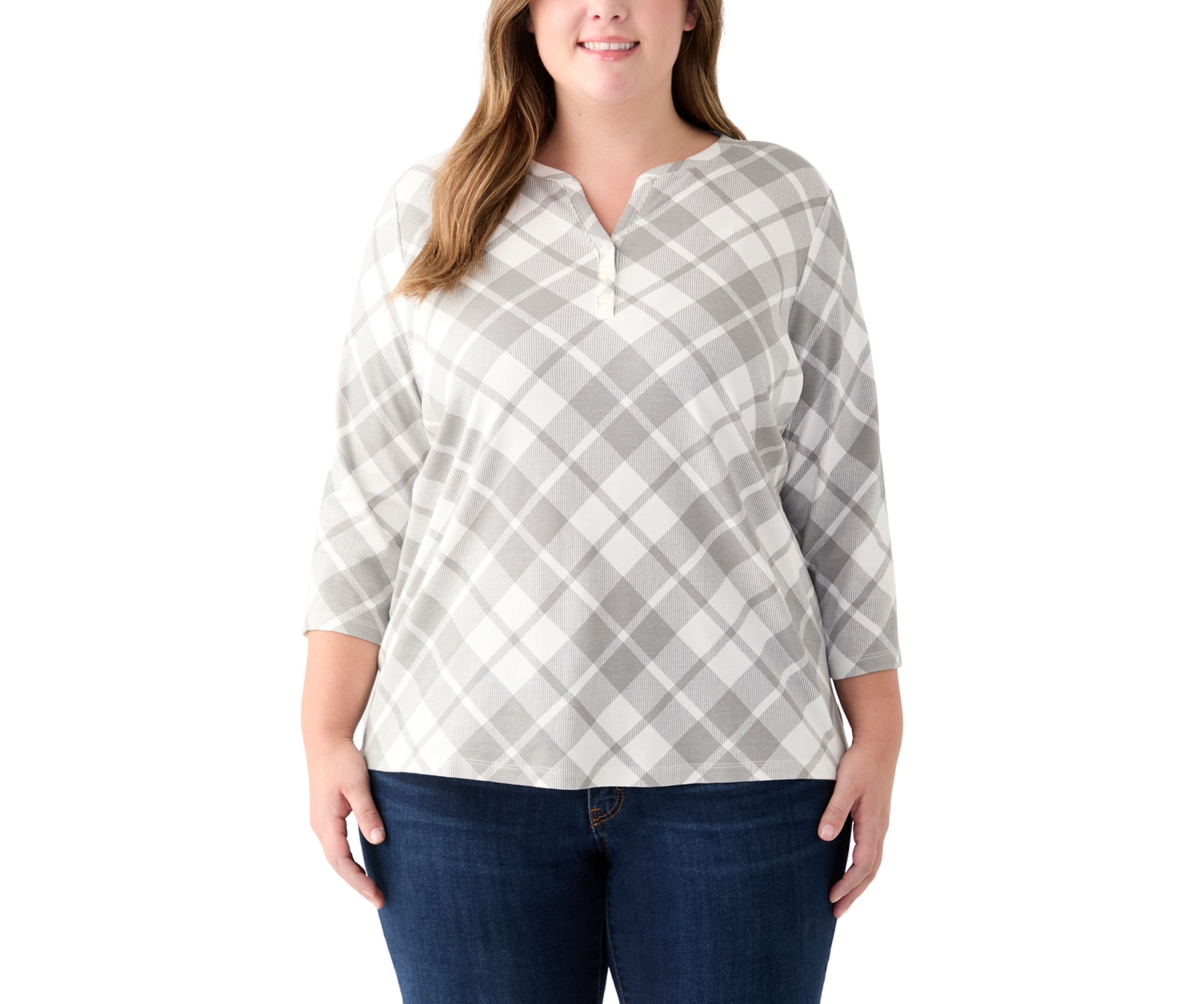 Plus Size 3/4 Sleeve Printed Henley Shirt 