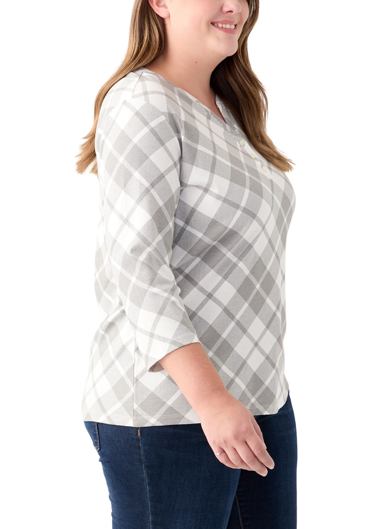 Plus Size 3/4 Sleeve Printed Henley Shirt 