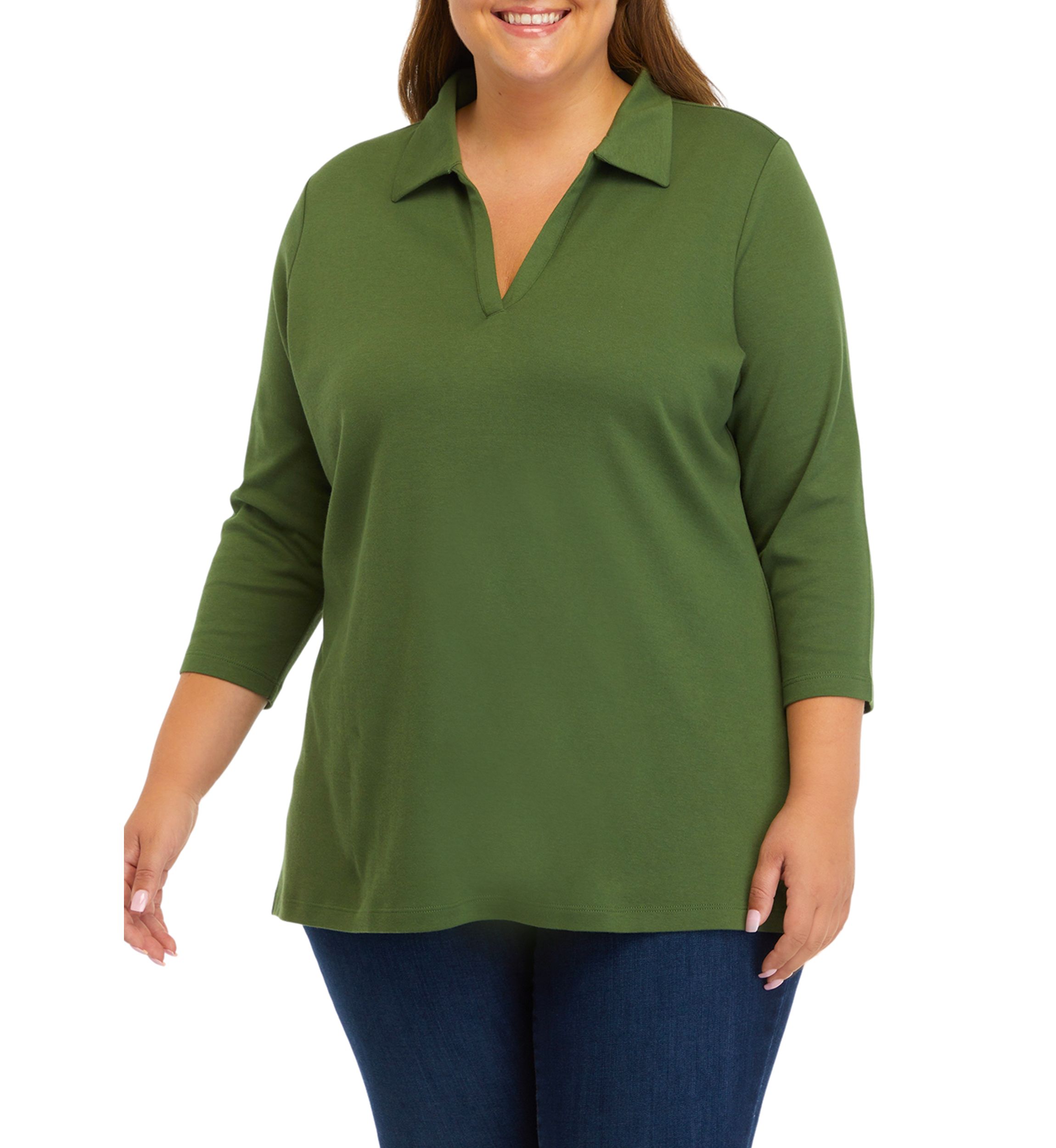 Plus Size 3/4 Sleeve Polo Tunic Shirt 