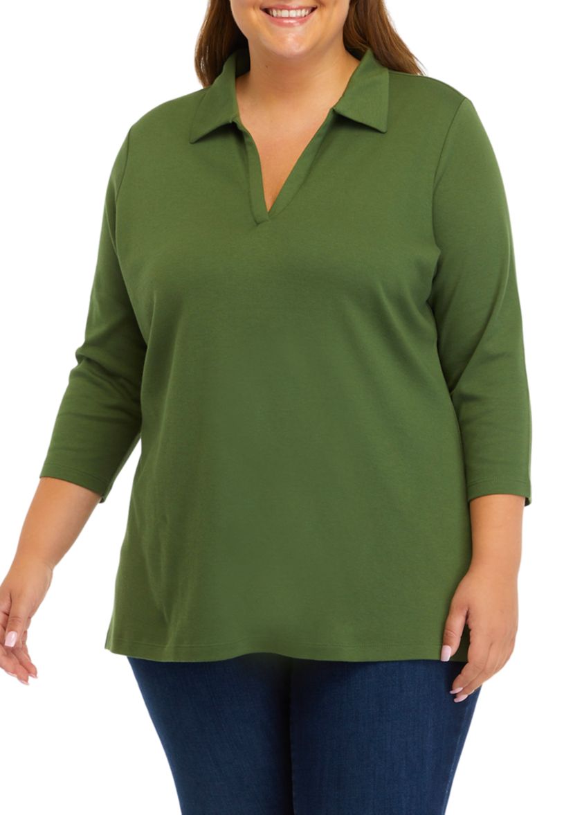 Plus Size 3/4 Sleeve Polo Tunic Shirt 