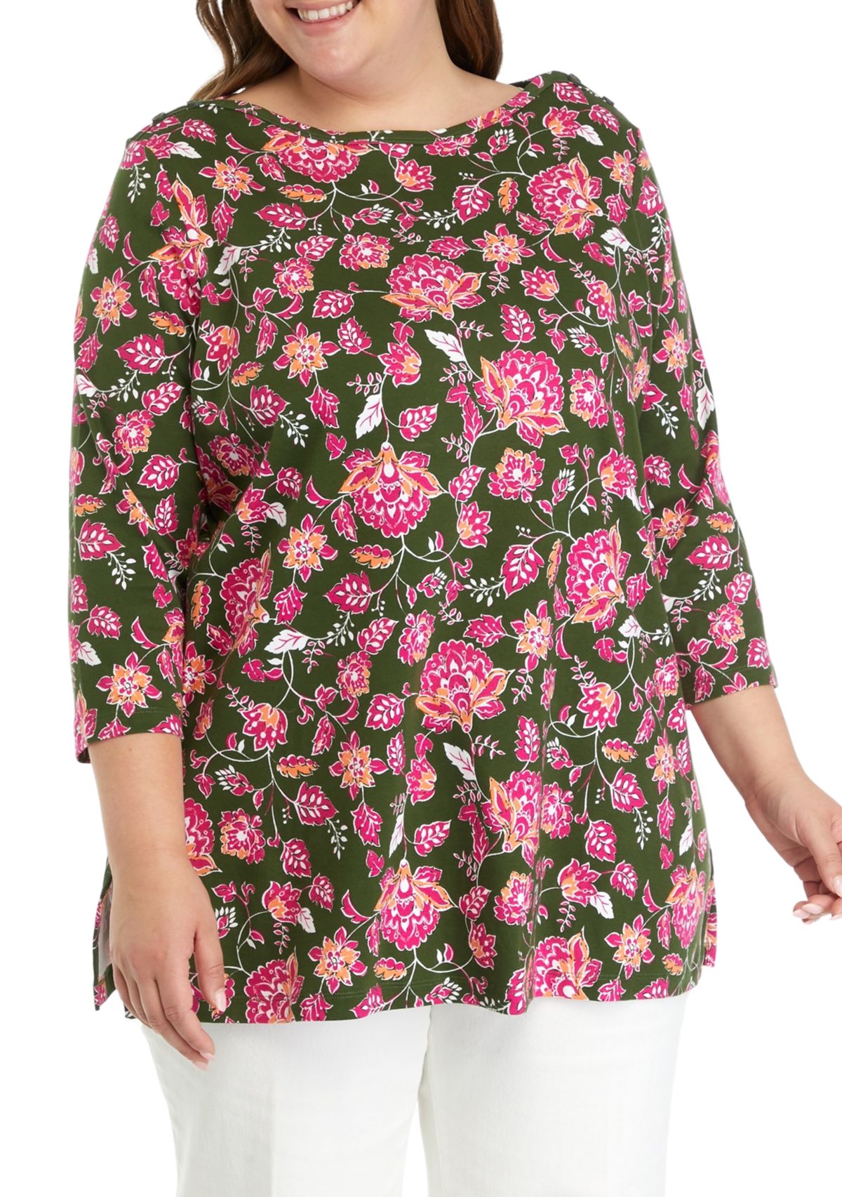 Plus Size 3/4 Sleeve Floral T-Shirt