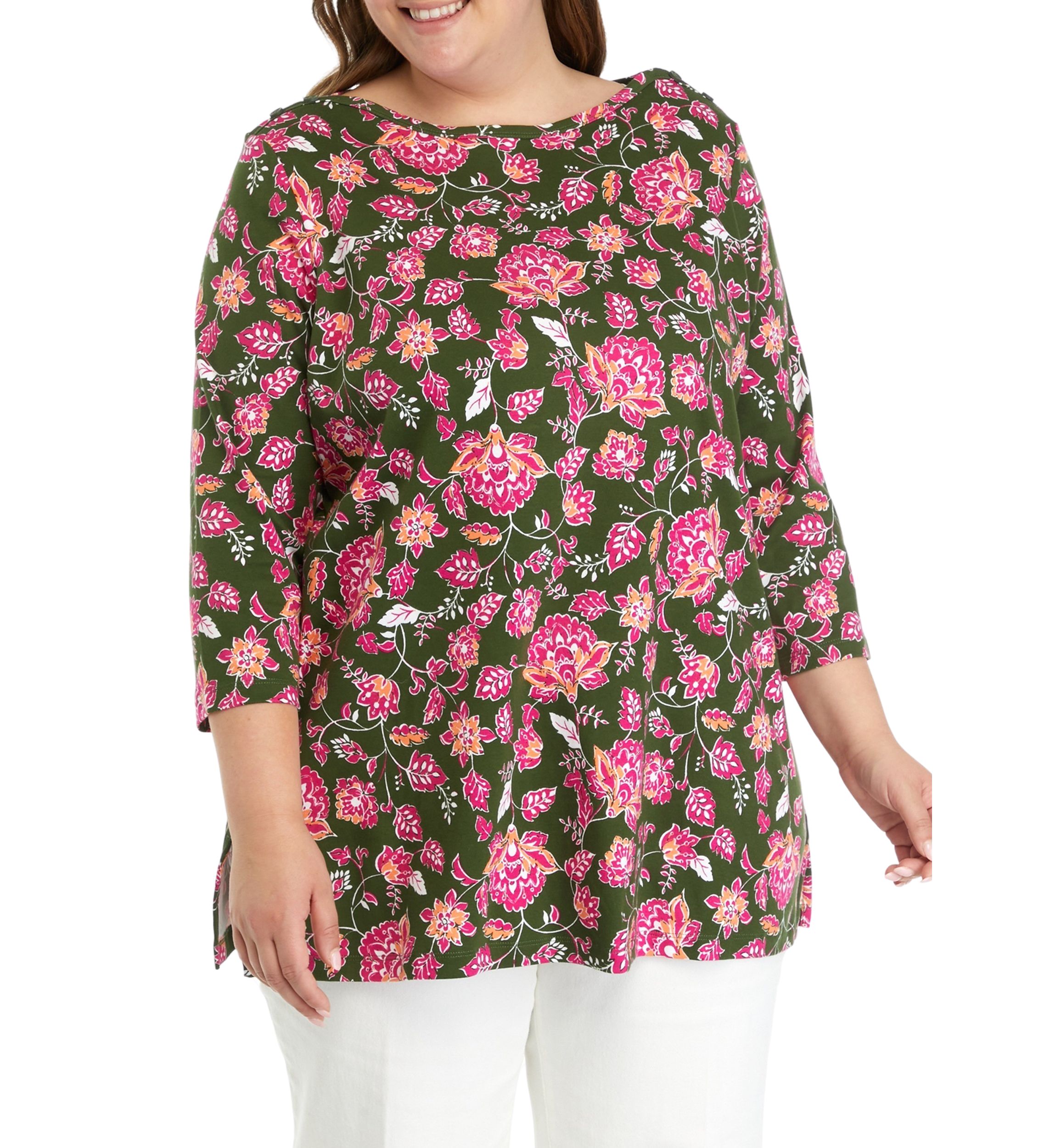 Plus Size 3/4 Sleeve Floral T-Shirt