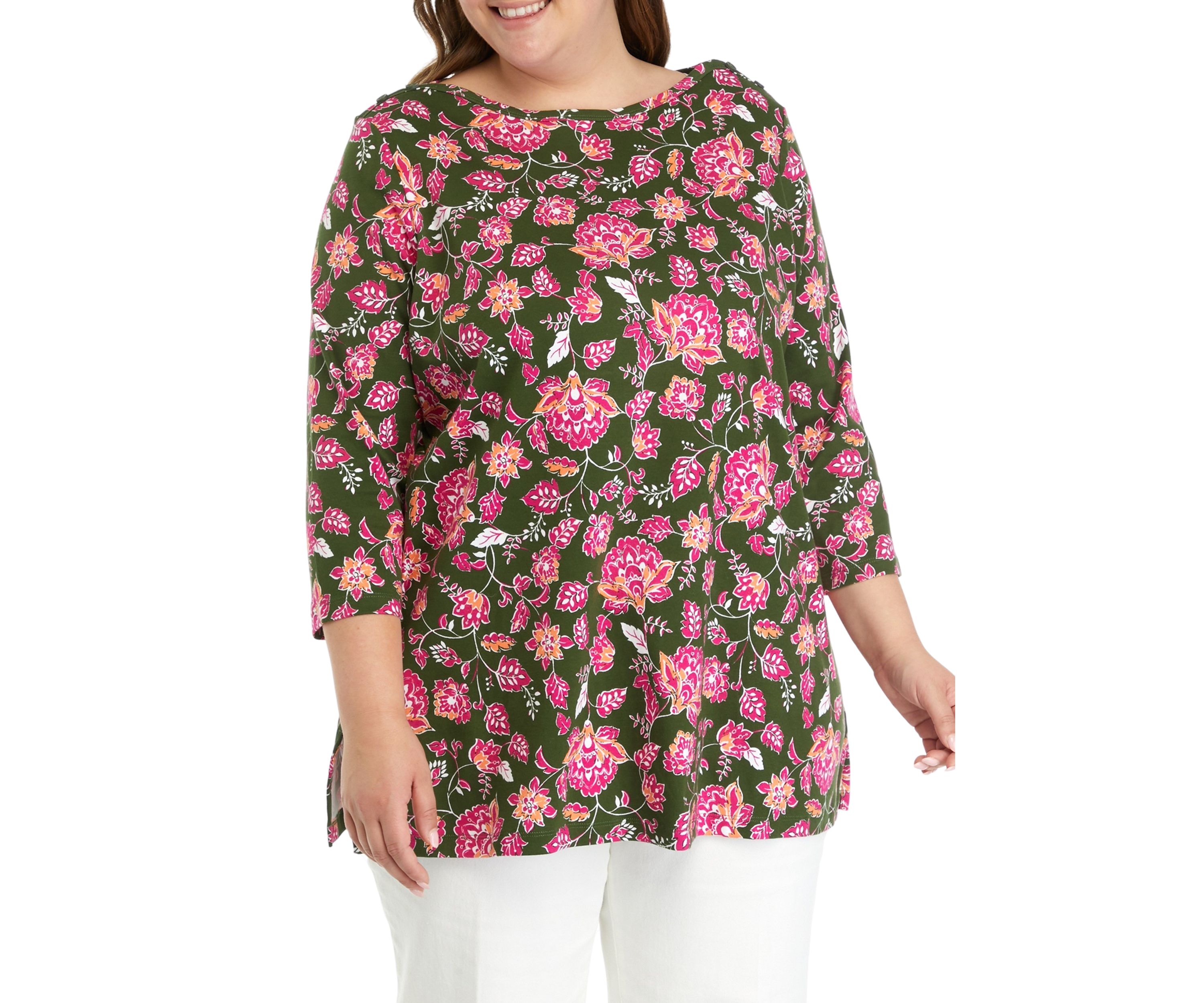 Plus Size 3/4 Sleeve Floral T-Shirt