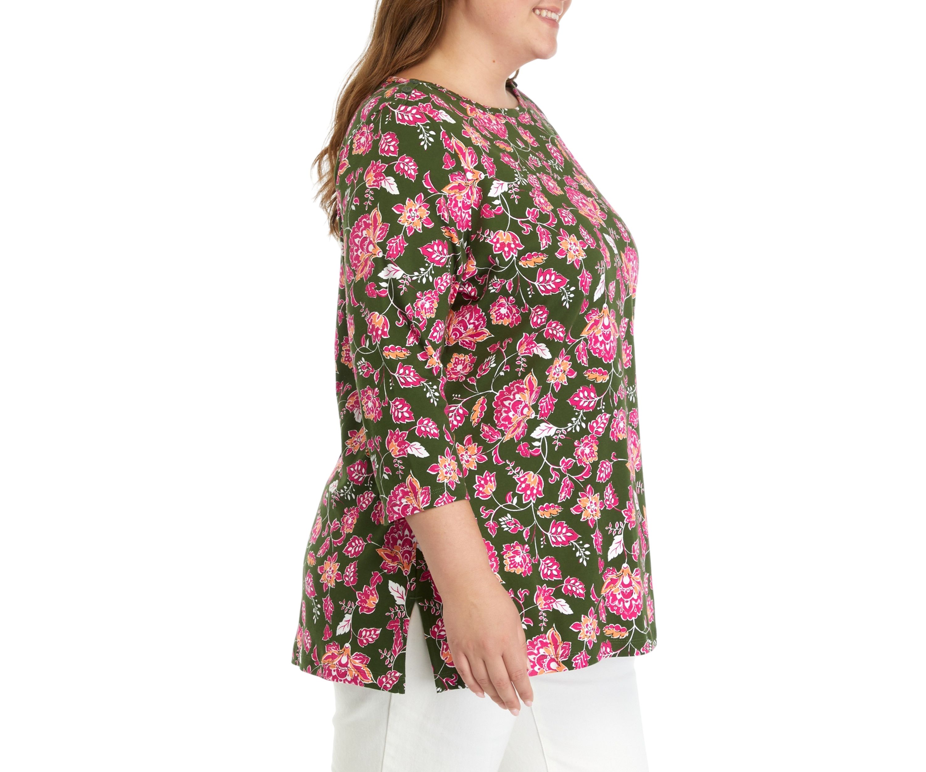 Plus Size 3/4 Sleeve Floral T-Shirt