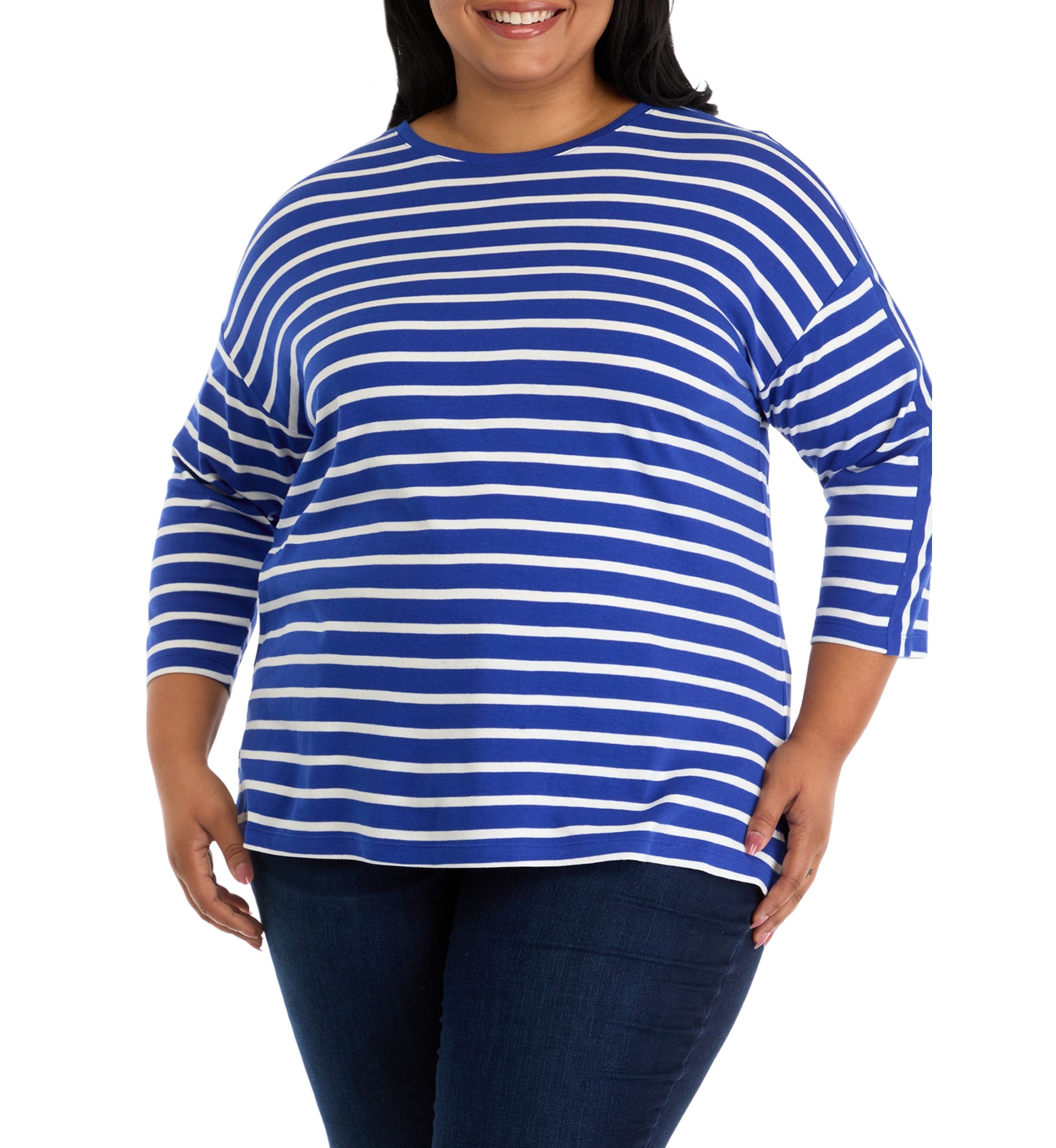 Plus Size 3/4 Drop Shoulder Yarn Dyed Tunic Top