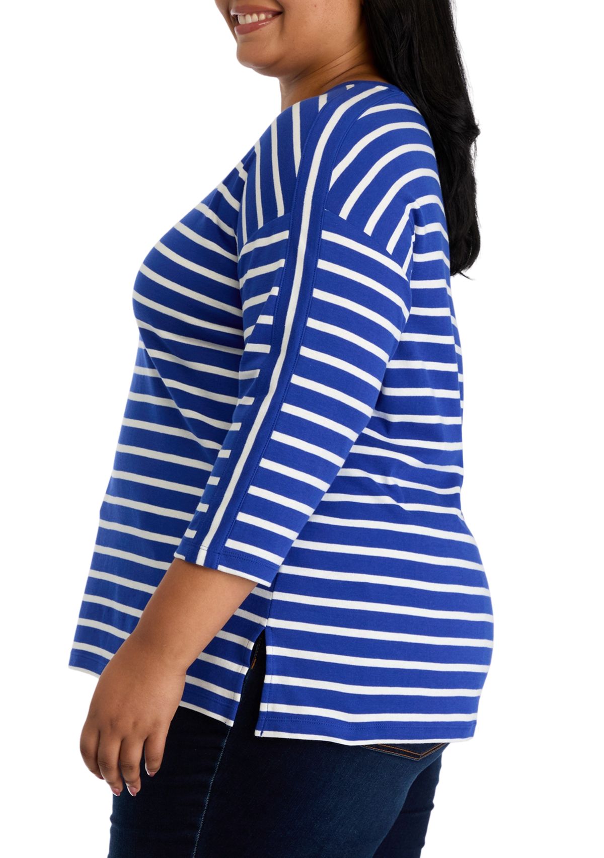 Plus Size 3/4 Drop Shoulder Yarn Dyed Tunic Top