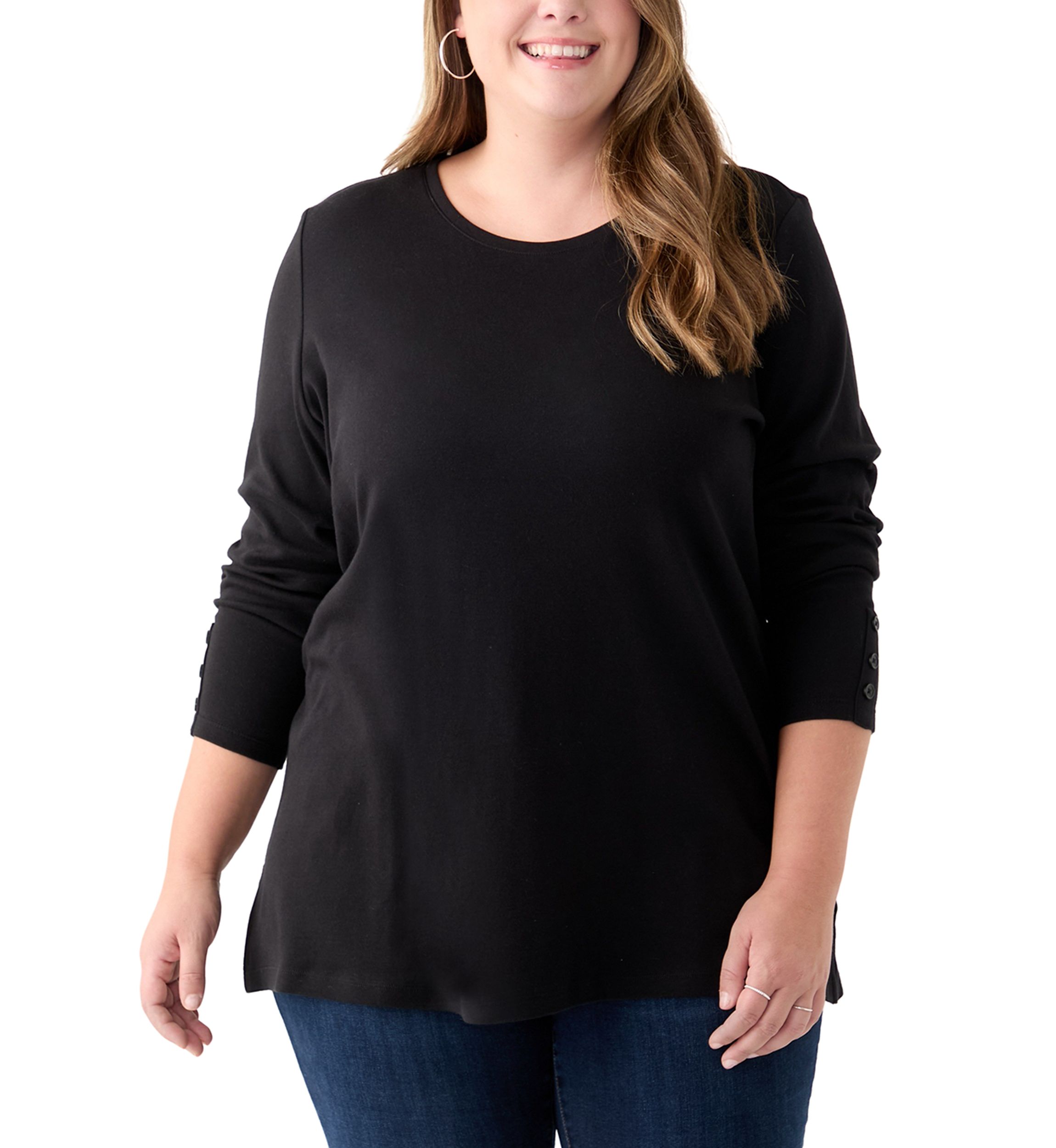 Plus Size Long Sleeve Crew Neck Button Detail Tunic Top