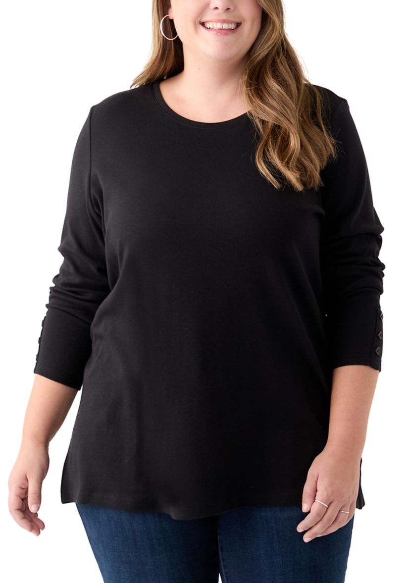 Plus Size Long Sleeve Crew Neck Button Detail Tunic Top