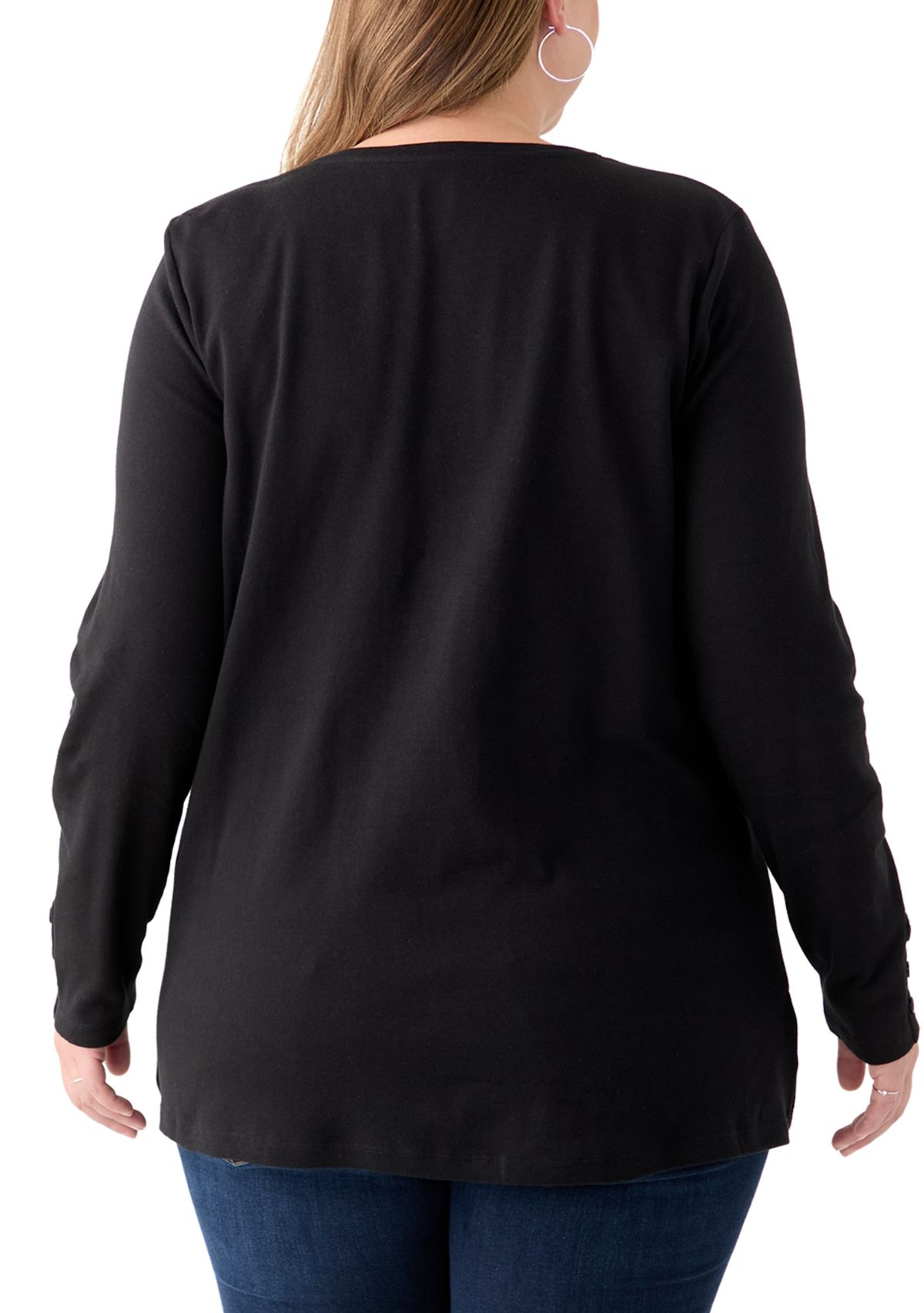 Plus Size Long Sleeve Crew Neck Button Detail Tunic Top