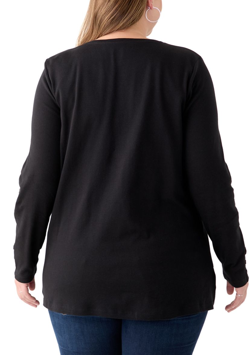Plus Size Long Sleeve Crew Neck Button Detail Tunic Top