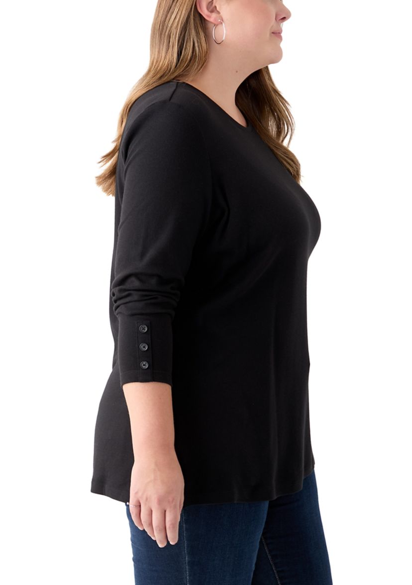 Plus Size Long Sleeve Crew Neck Button Detail Tunic Top