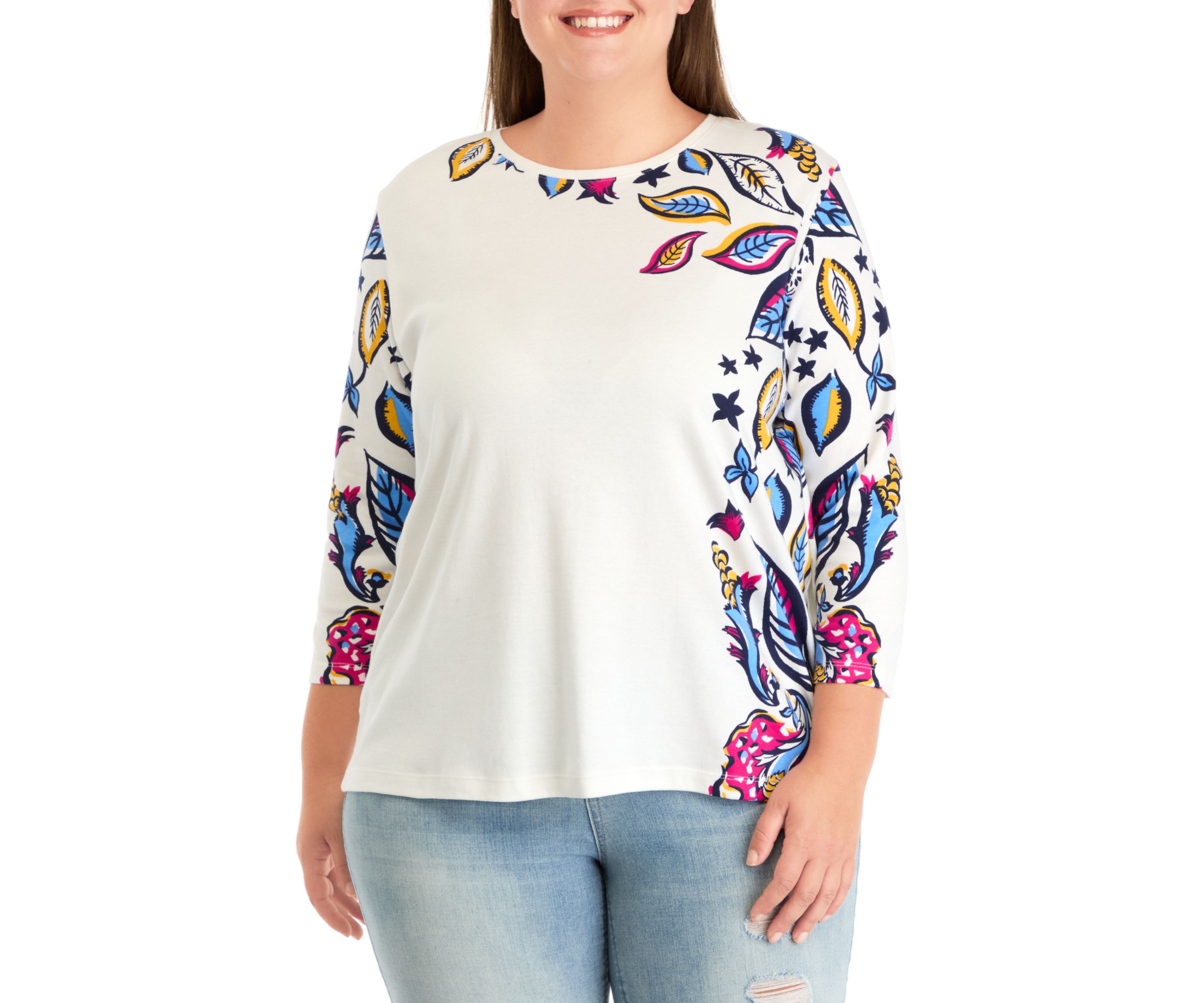 Plus Size 3/4 Sleeve Crew Neck Placement Print T-Shirt