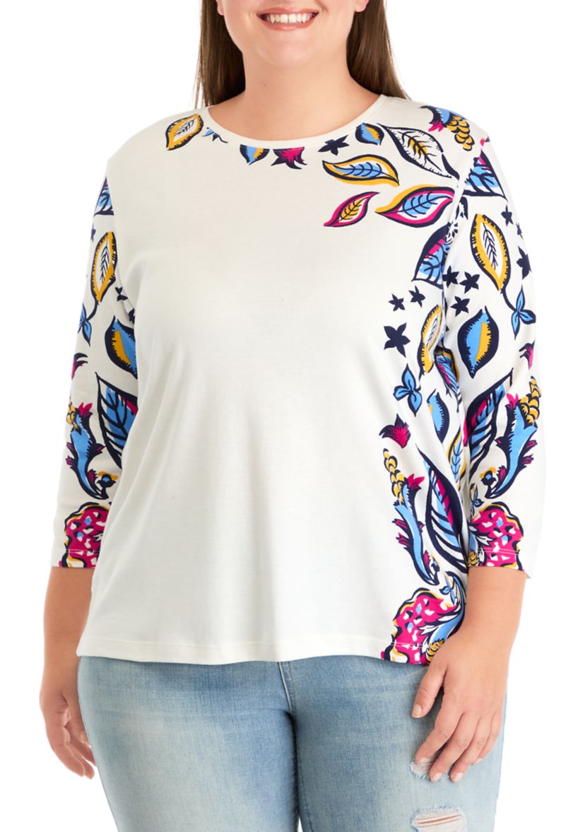 Plus Size 3/4 Sleeve Crew Neck Placement Print T-Shirt