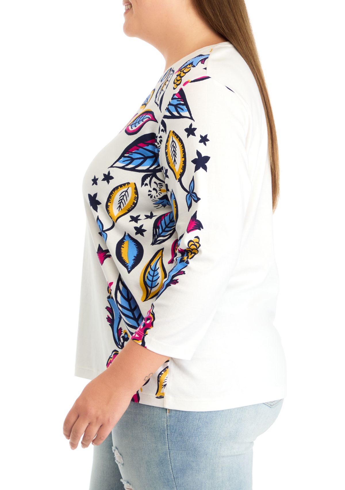 Plus Size 3/4 Sleeve Crew Neck Placement Print T-Shirt