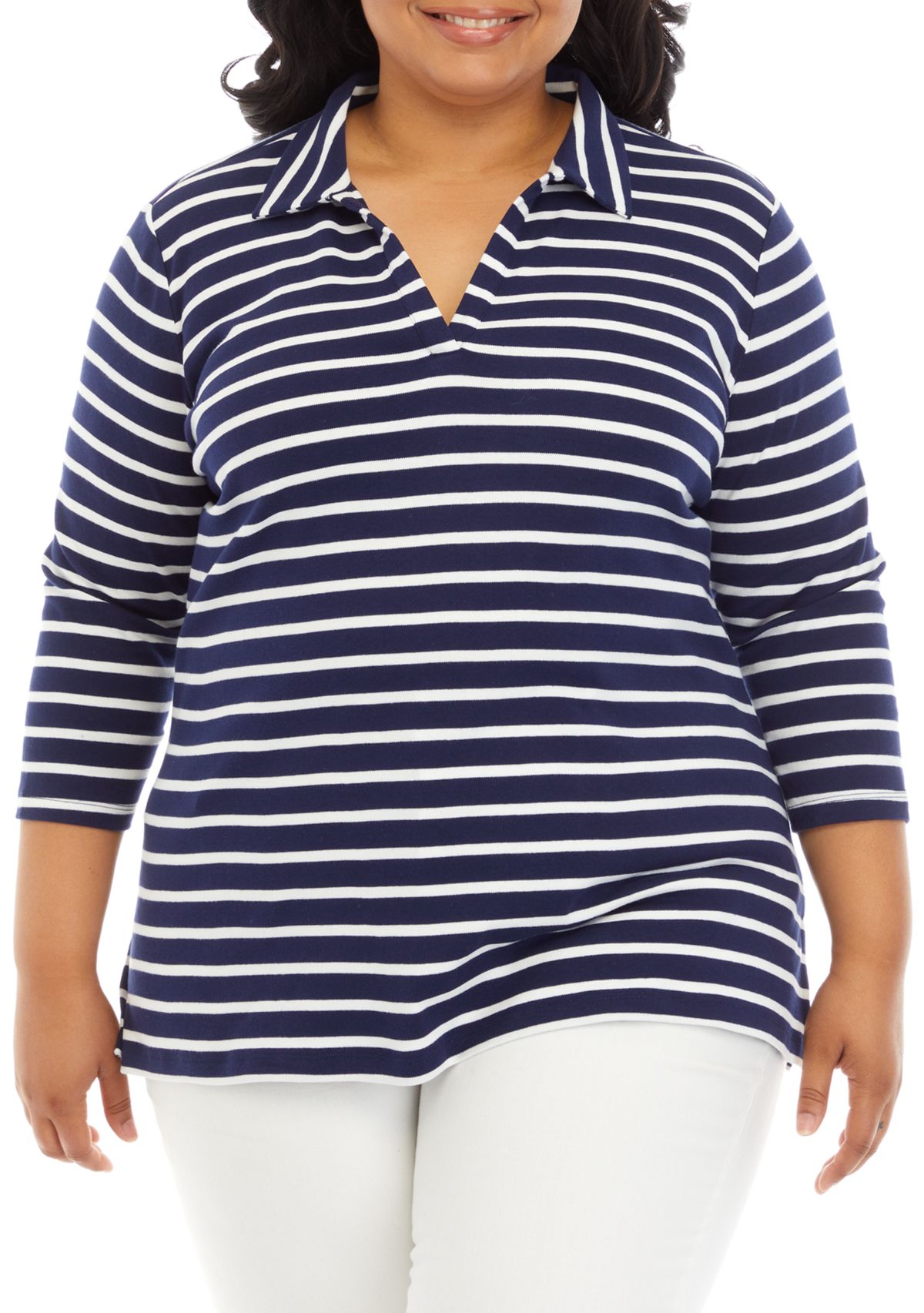 Plus Size Striped Polo Top