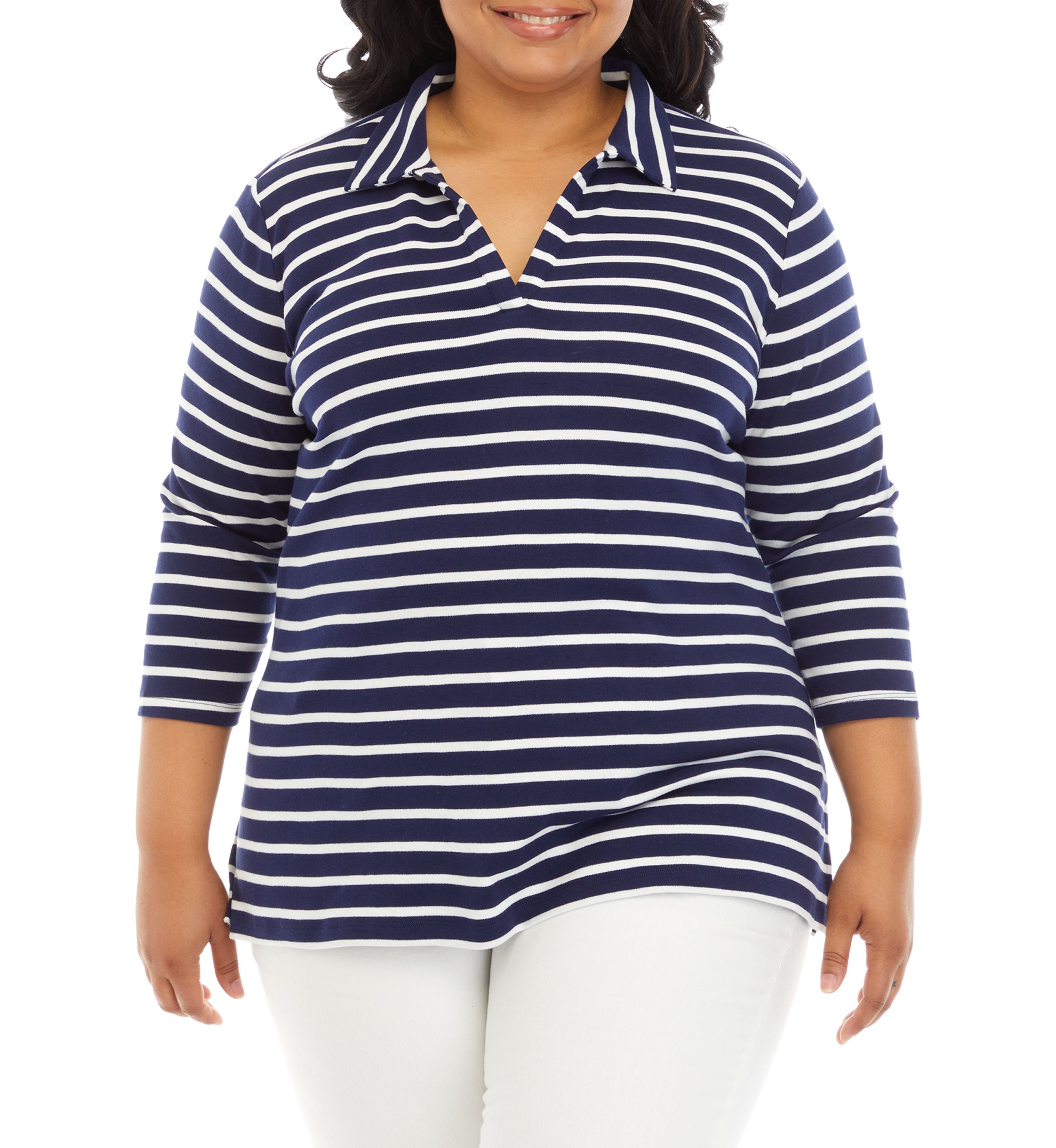 Plus Size Striped Polo Top