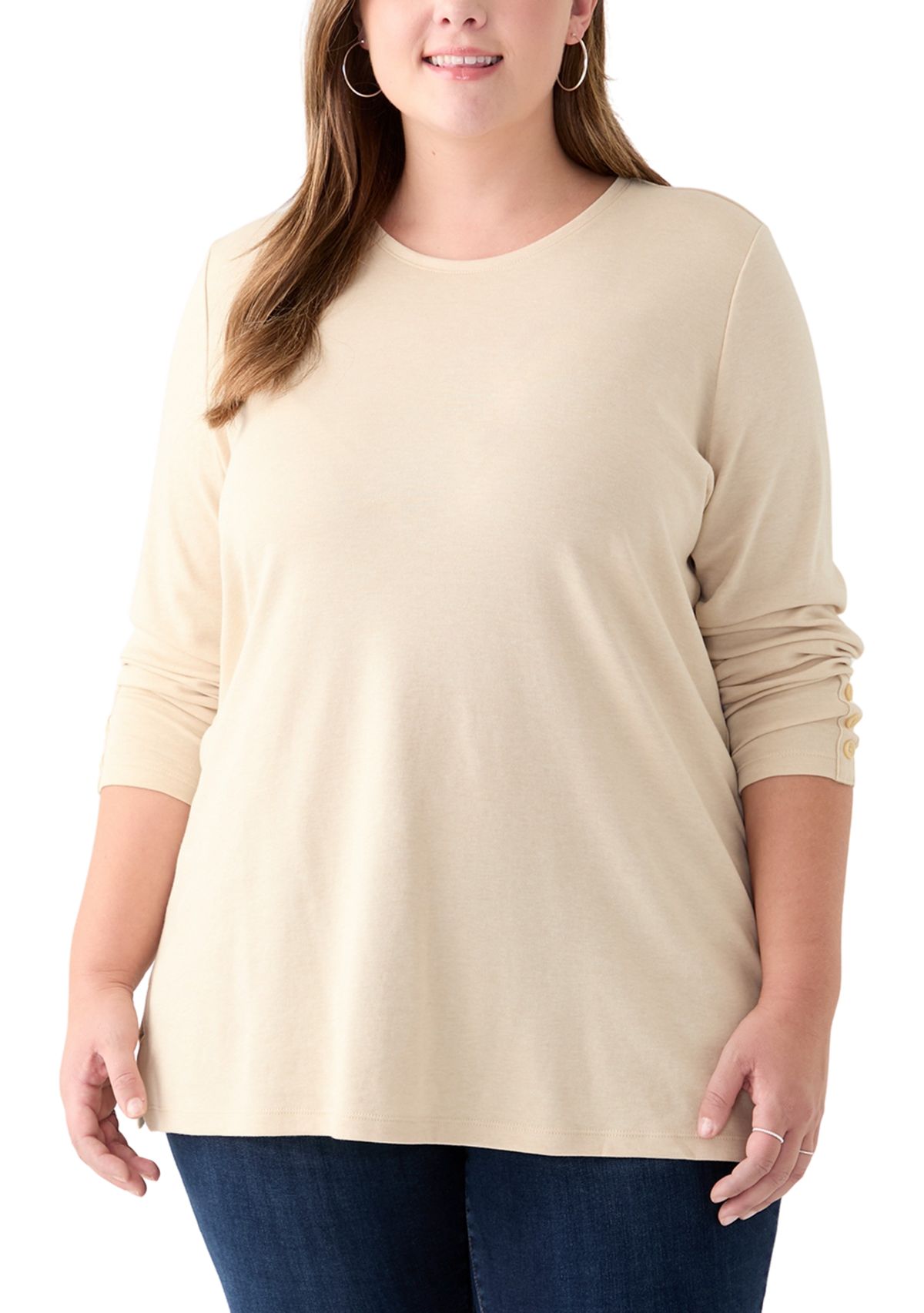 Plus Size Long Sleeve Crew Neck Button Detail Tunic Top