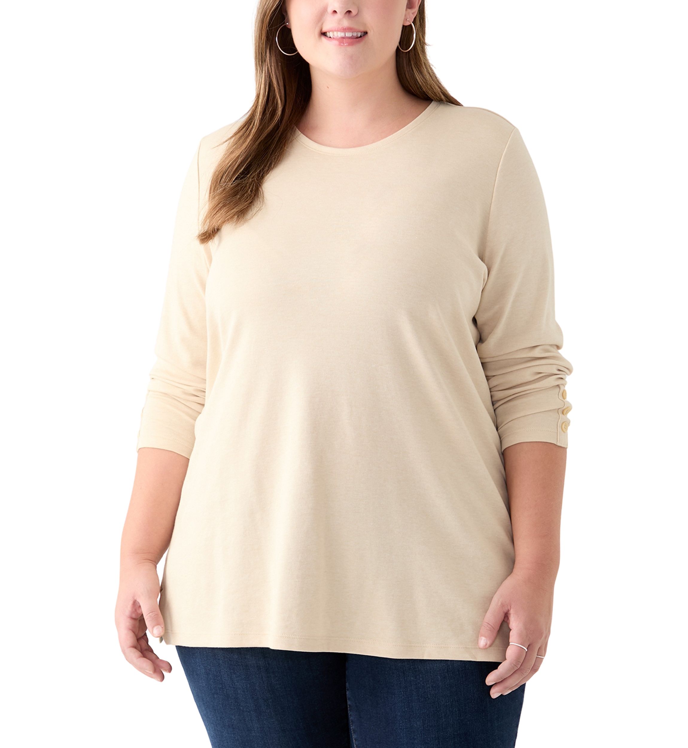 Plus Size Long Sleeve Crew Neck Button Detail Tunic Top