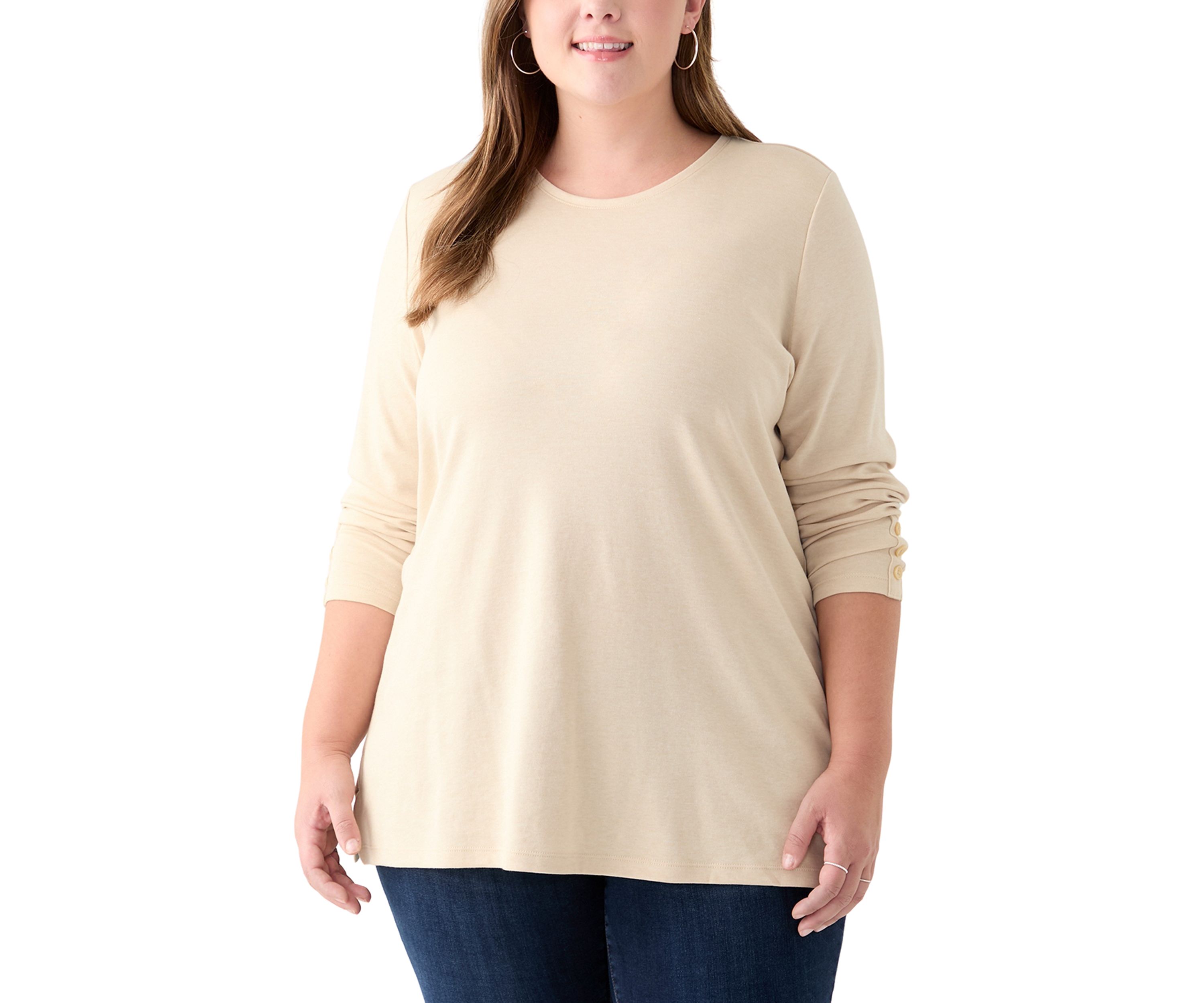 Plus Size Long Sleeve Crew Neck Button Detail Tunic Top