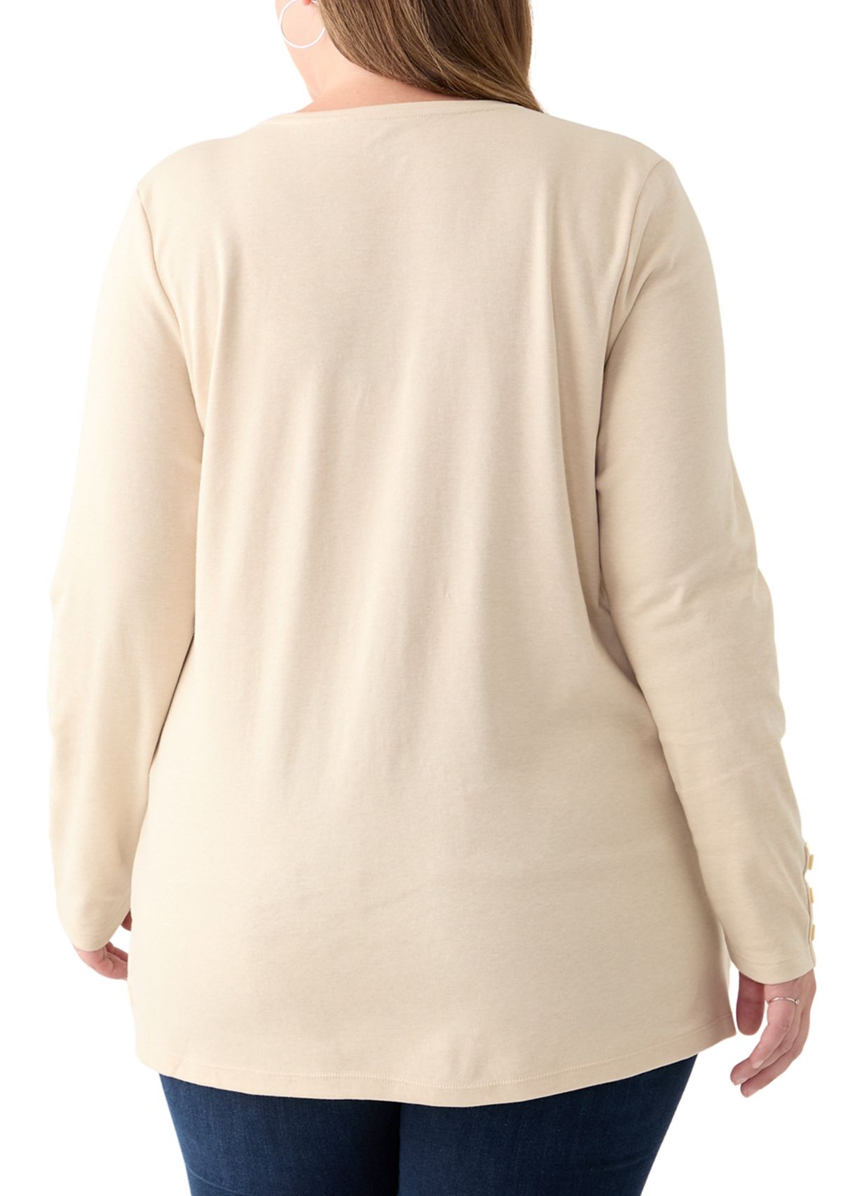 Plus Size Long Sleeve Crew Neck Button Detail Tunic Top