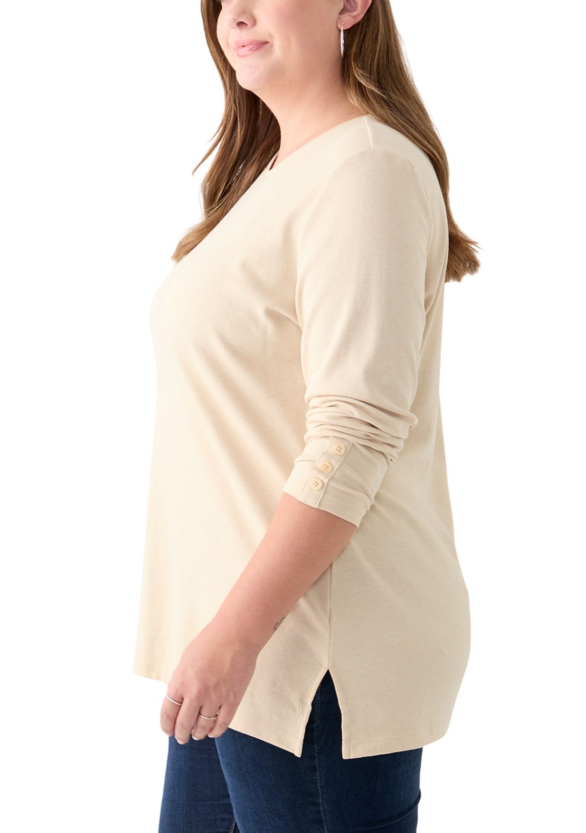 Plus Size Long Sleeve Crew Neck Button Detail Tunic Top