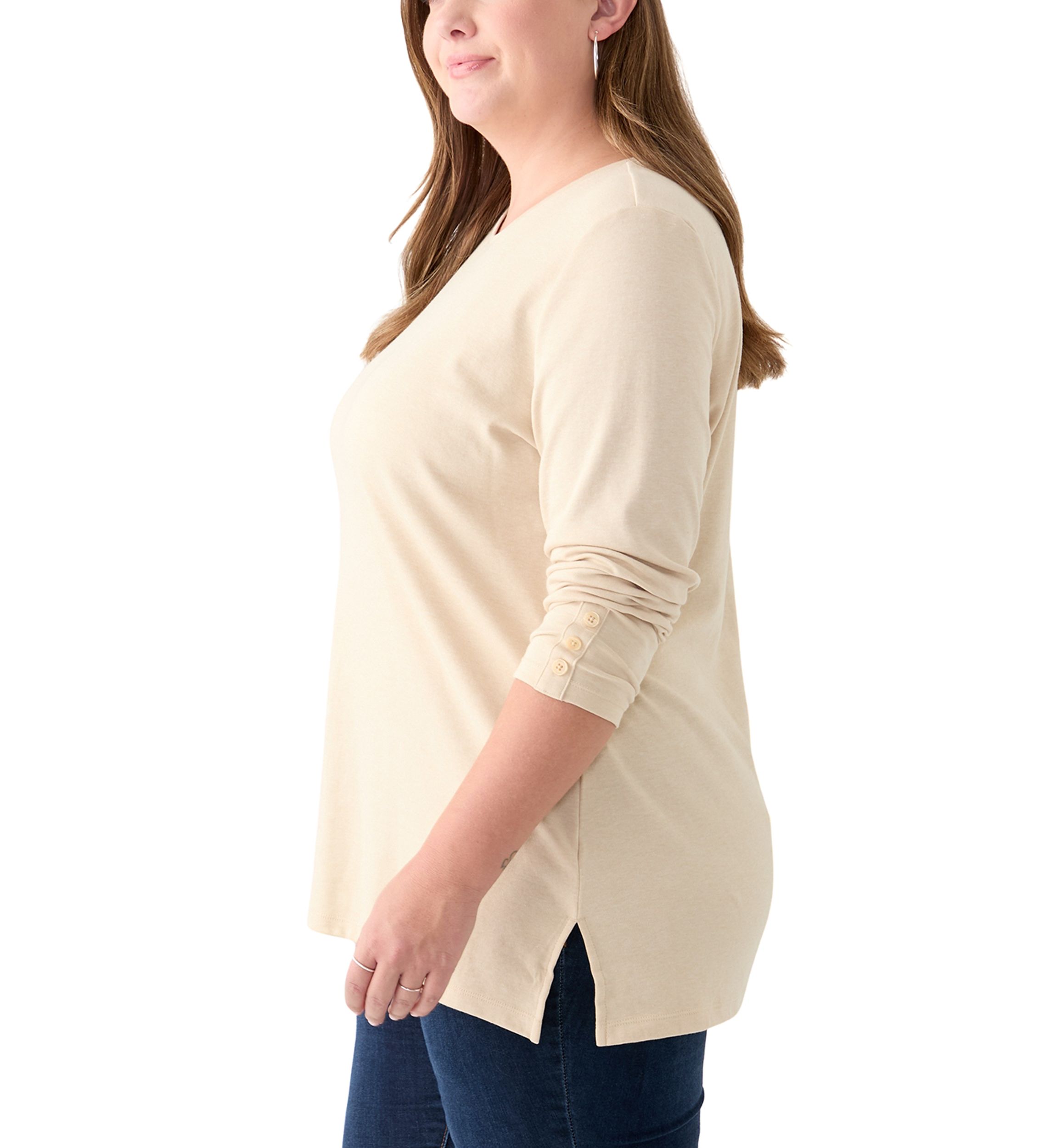 Plus Size Long Sleeve Crew Neck Button Detail Tunic Top
