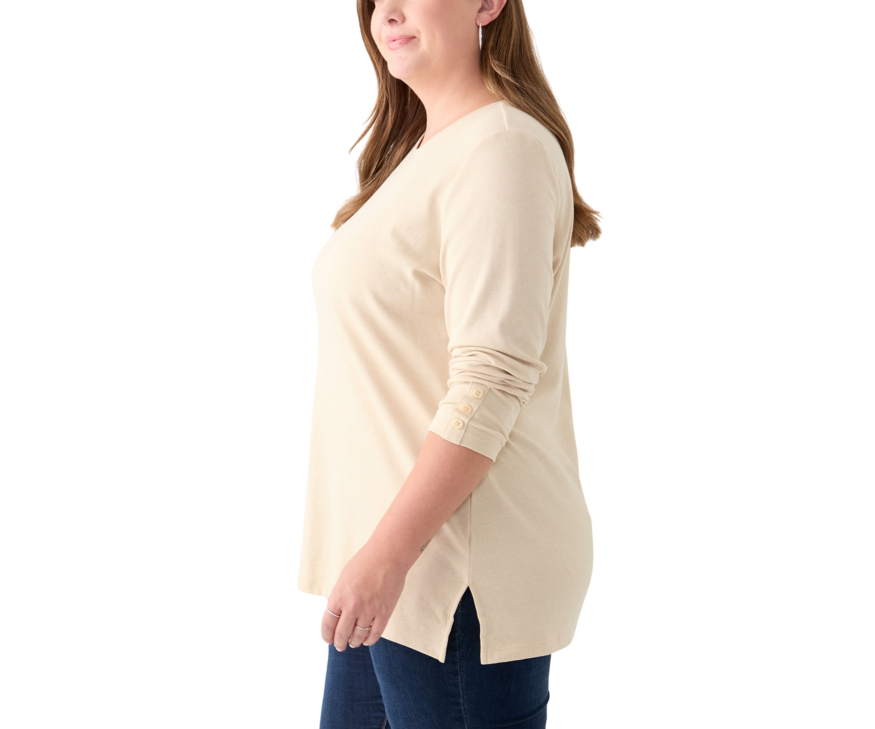 Plus Size Long Sleeve Crew Neck Button Detail Tunic Top