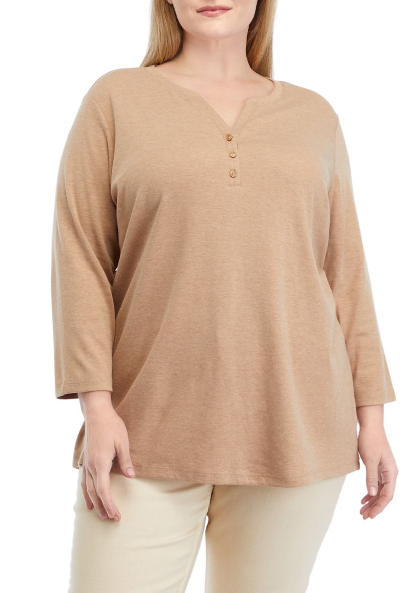 Plus Size 3/4 Sleeve Henley Shirt