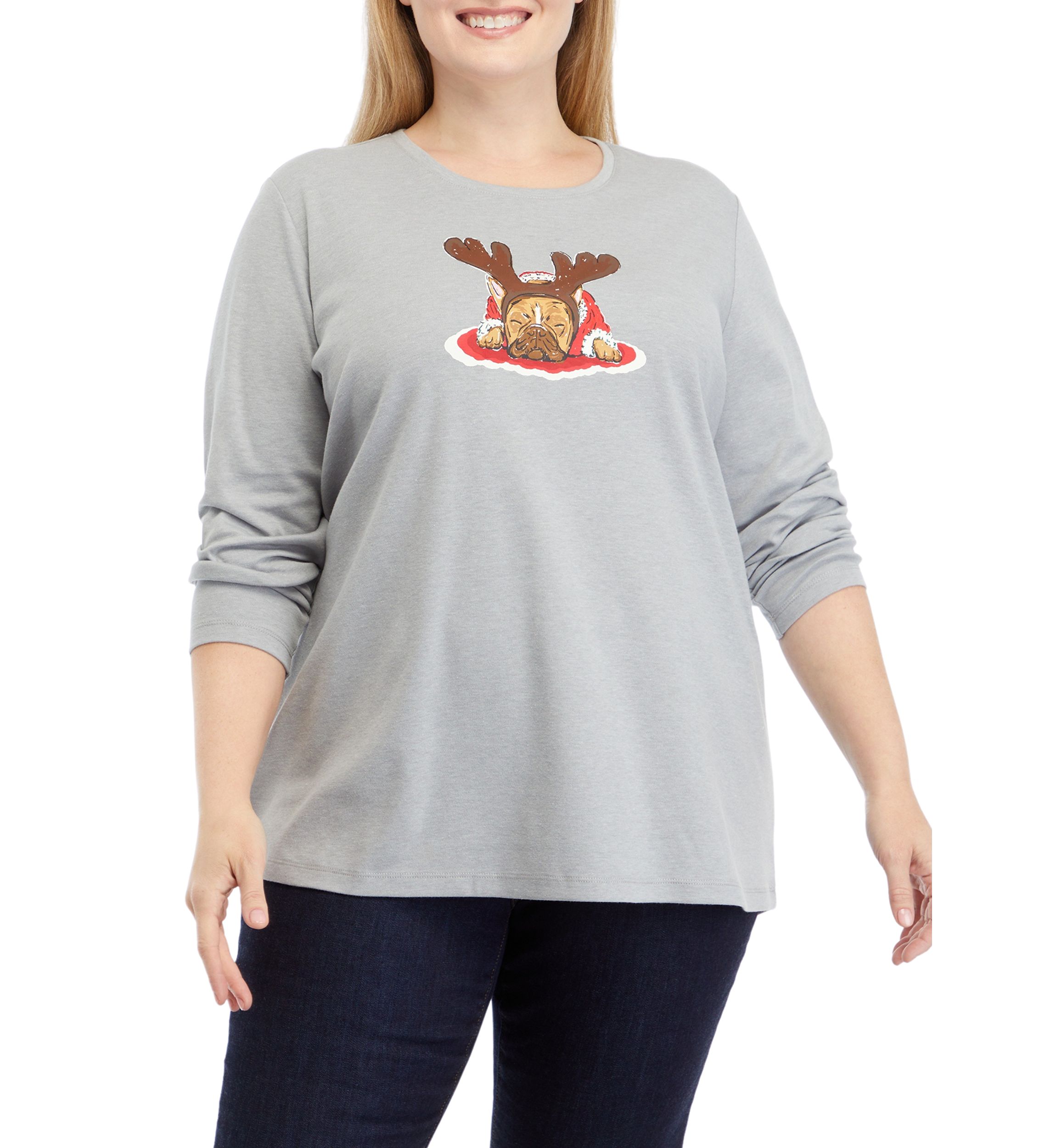 Plus Size Long Sleeve Holiday Graphic T-Shirt 