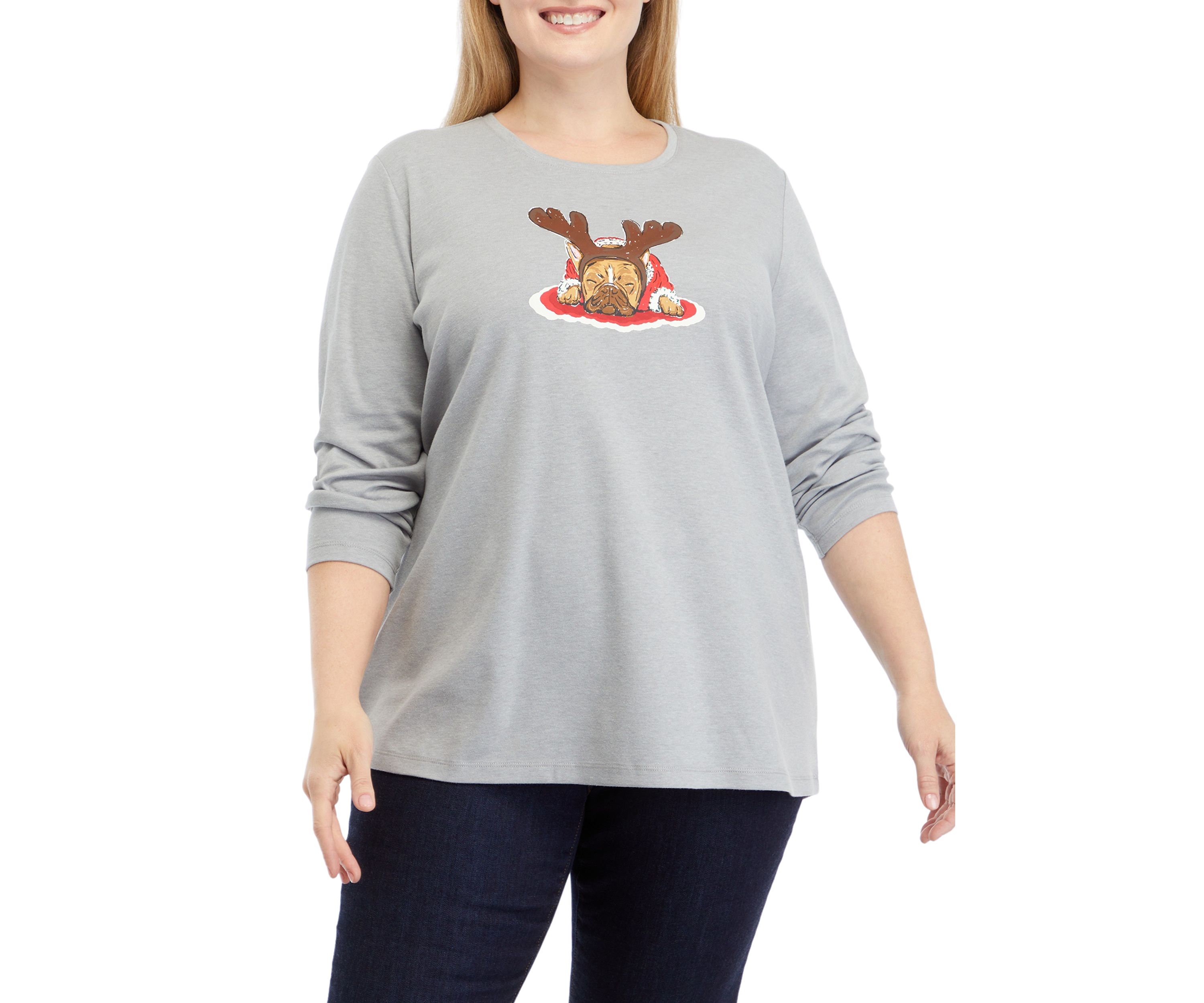 Plus Size Long Sleeve Holiday Graphic T-Shirt 