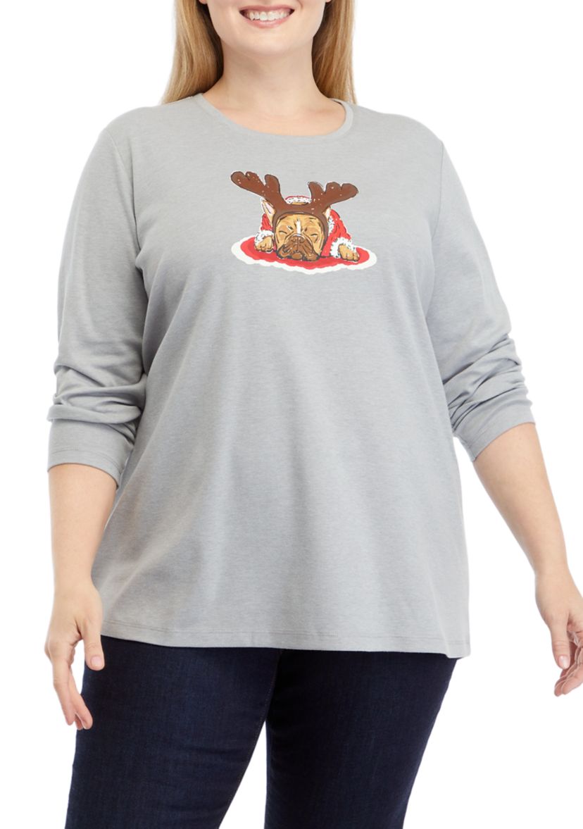 Plus Size Long Sleeve Holiday Graphic T-Shirt 