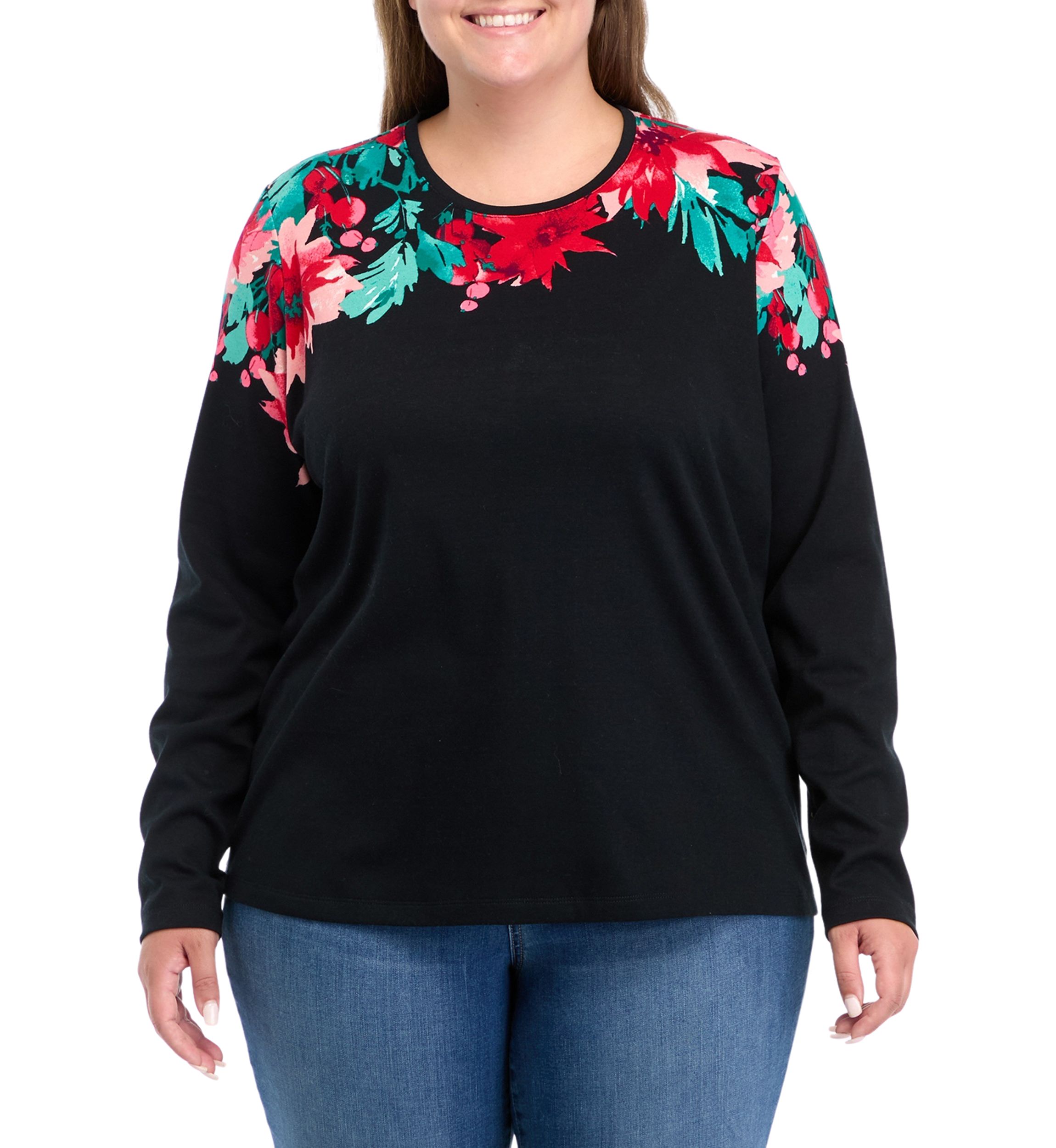Plus Size Long Sleeve Placement Print Top 