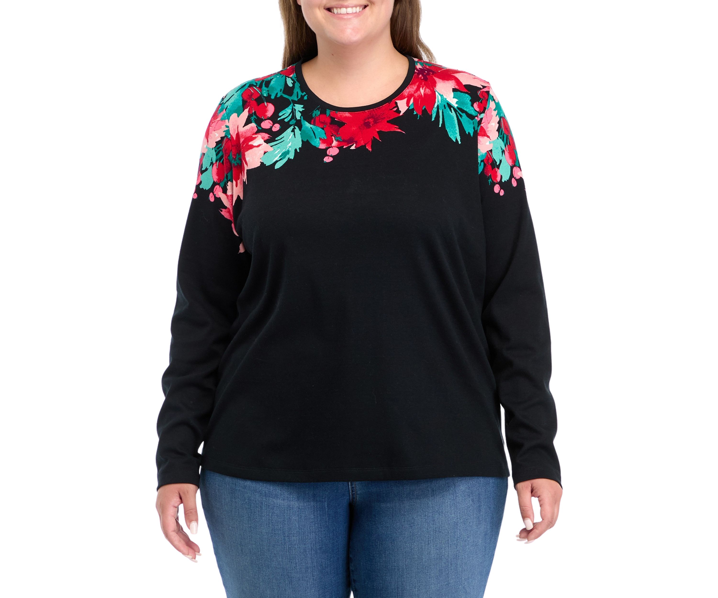 Plus Size Long Sleeve Placement Print Top 