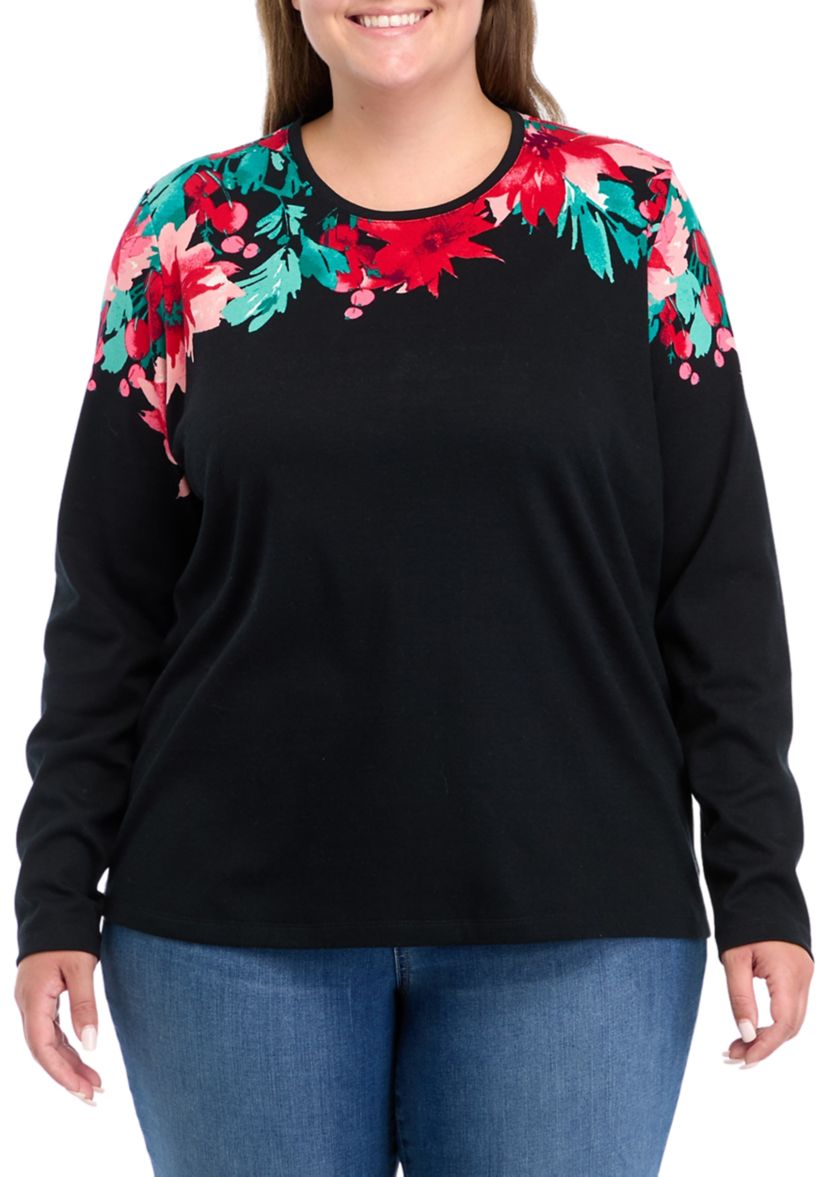 Plus Size Long Sleeve Placement Print Top 