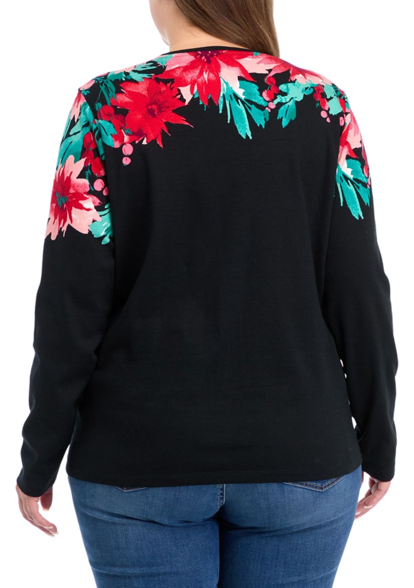 Plus Size Long Sleeve Placement Print Top 